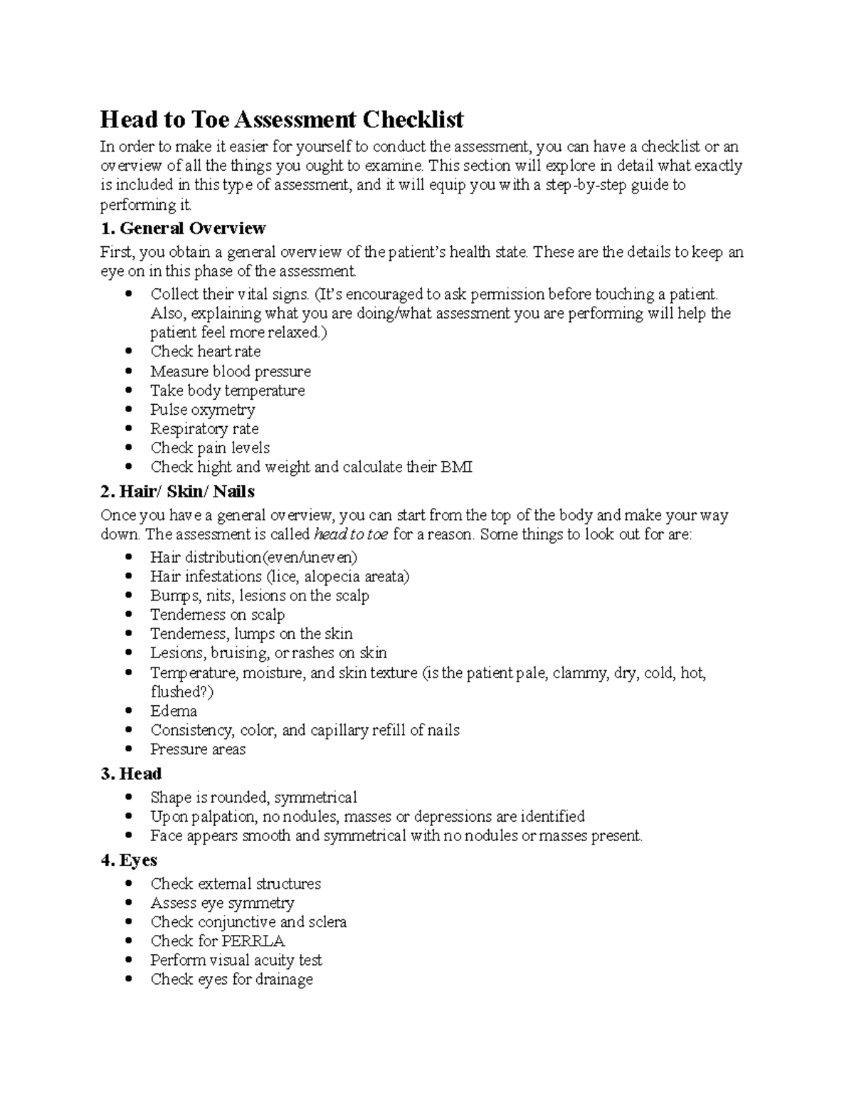 Head to Toe Assessment Checklist - This section will explore in detail ...