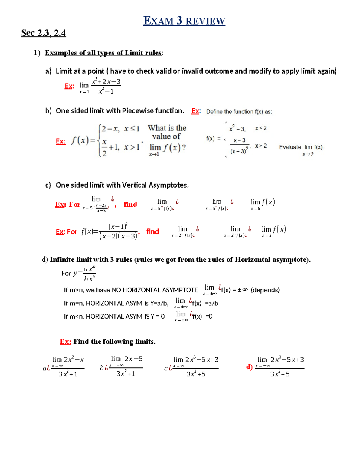 EXAM 3 Review Sheet M2009 F23 - EXAM 3 REVIEW Sec 2, 2. 1 ) Examples of ...