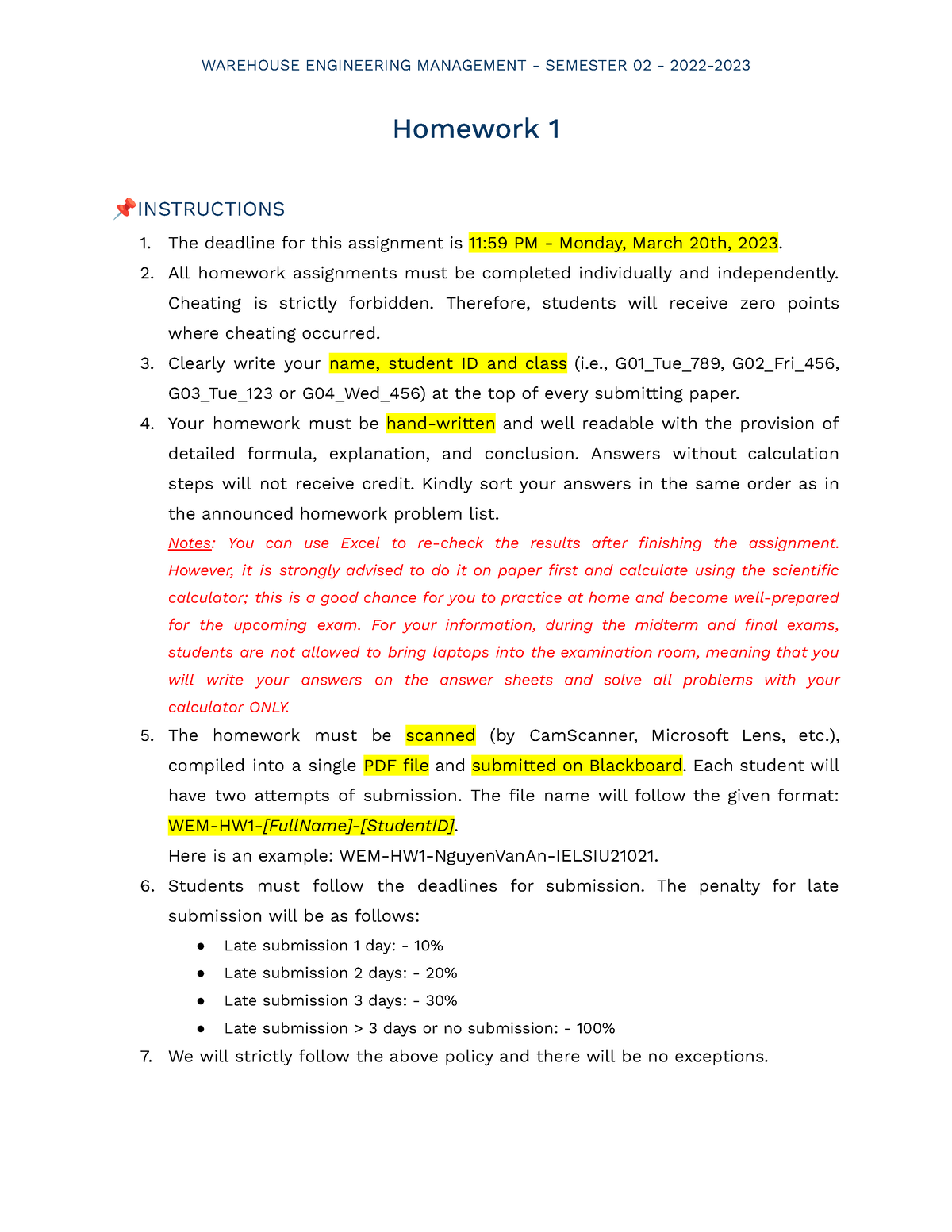 WEM-HW1 - Warehouse Management Hw1 - Homework 1 ºINSTRUCTIONS 1. The ...