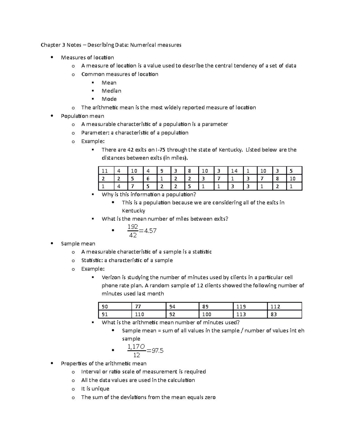 Chapter 3 Notes - Chapter 3 Notes – Describing Data: Numerical measures ...