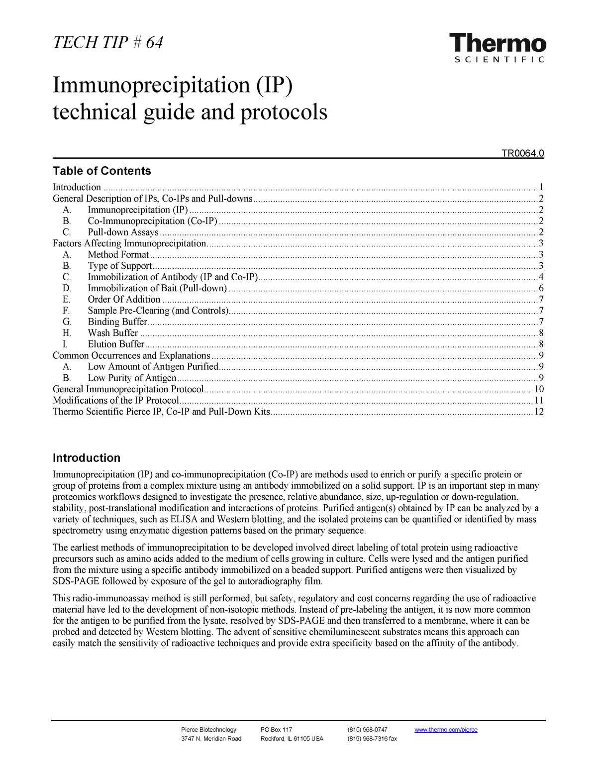 Immunoprecipitationguide TECH TIP 64 Pierce Biotechnology PO Box