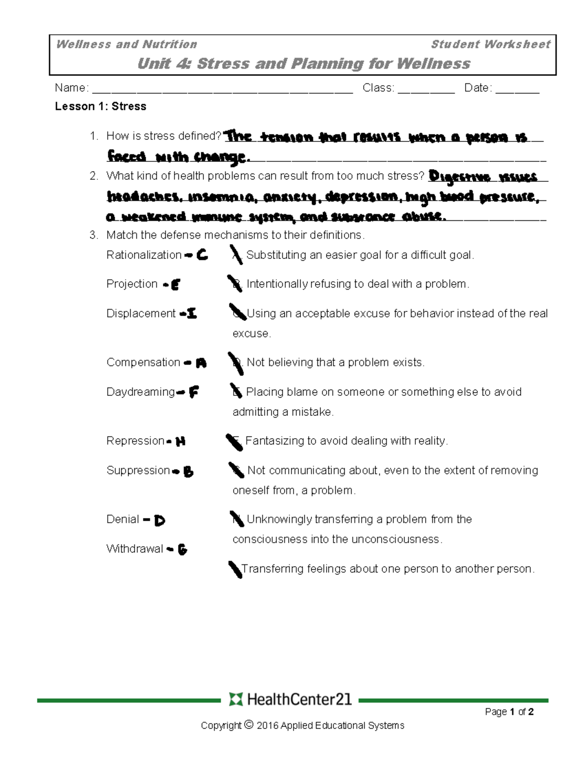 AES Wellness and Nutrition Unit 4 WS Wellness and Nutrition Student