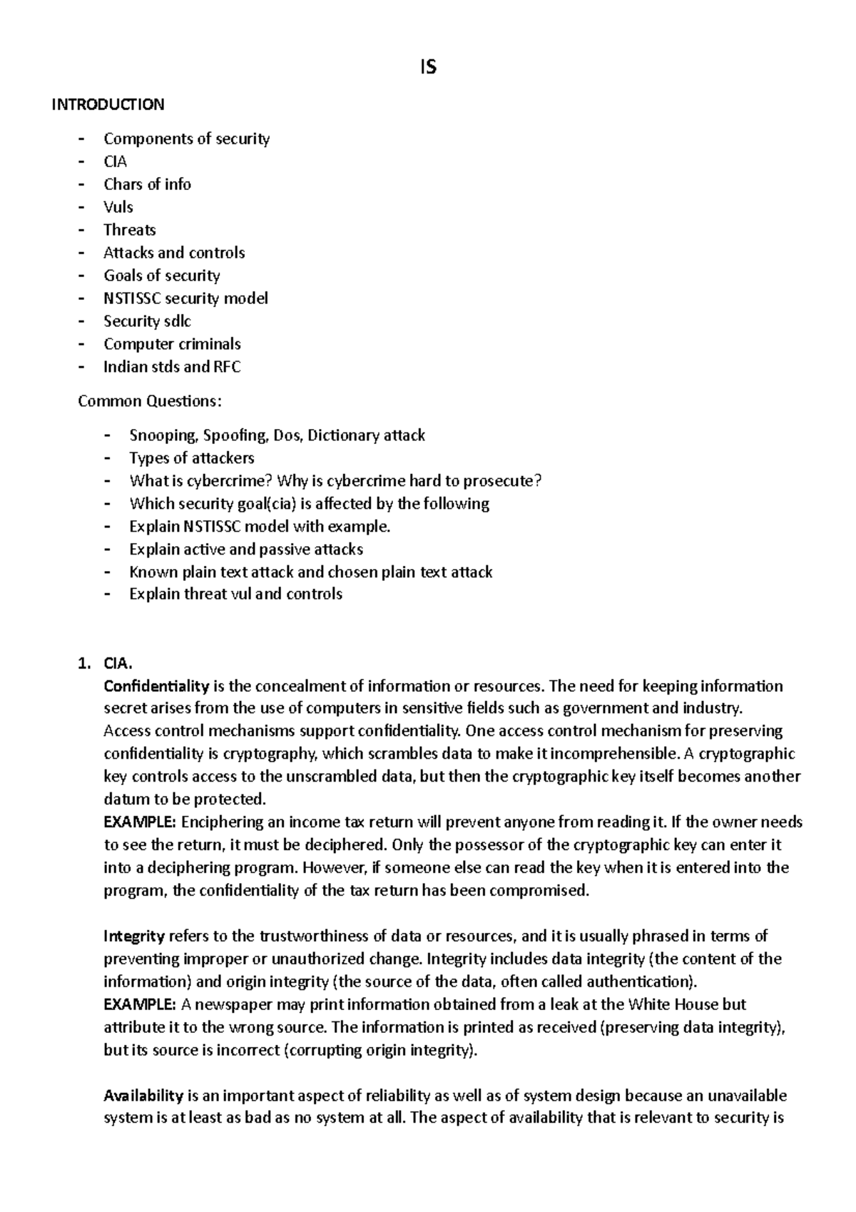 Information Security chapter 1 - IS INTRODUCTION Components of security ...