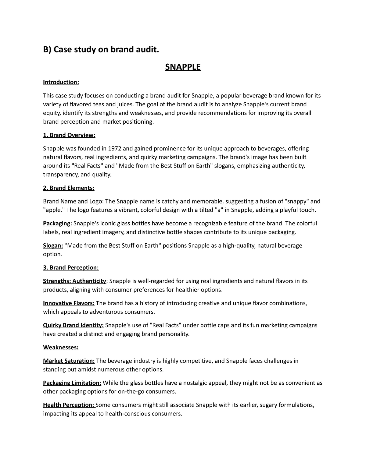 Assignment 4 Part B Case Study - B) Case Study On Brand Audit. SNAPPLE ...