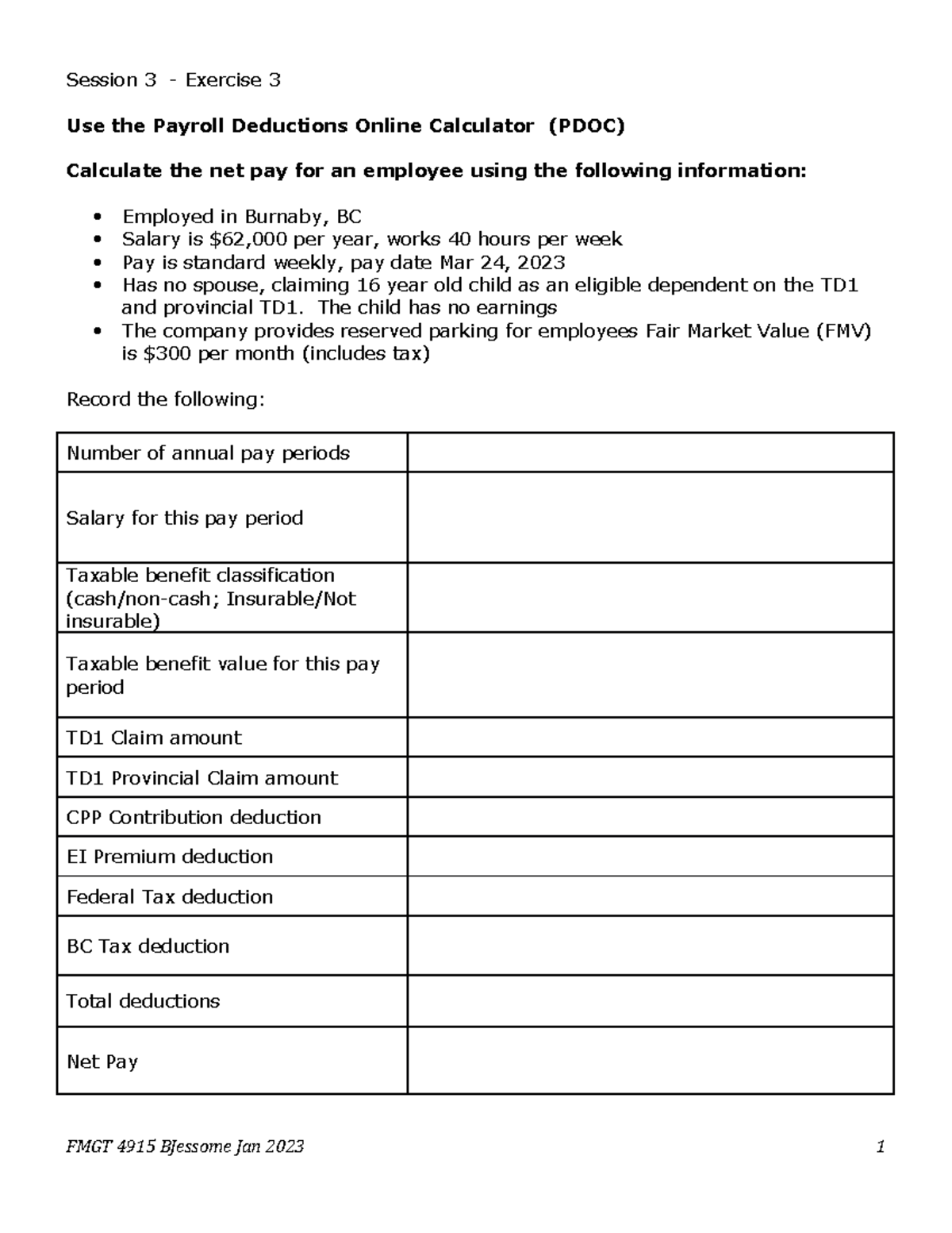 Session 3 Exercise 3 Taxable benefit FMV parking Session 3