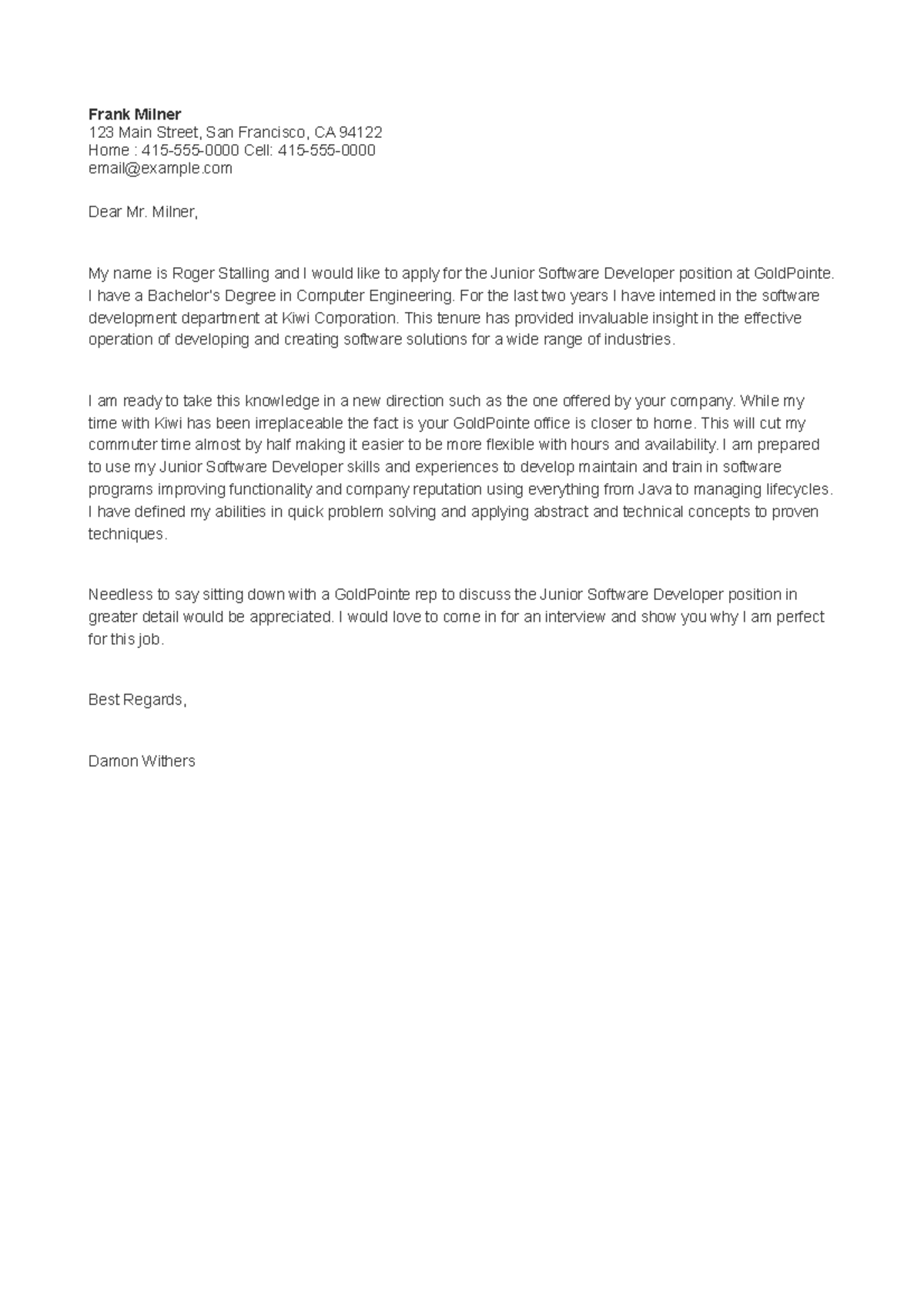 Junior Software Engineer Cover Letter Sample - Frank Milner 123 Main ...