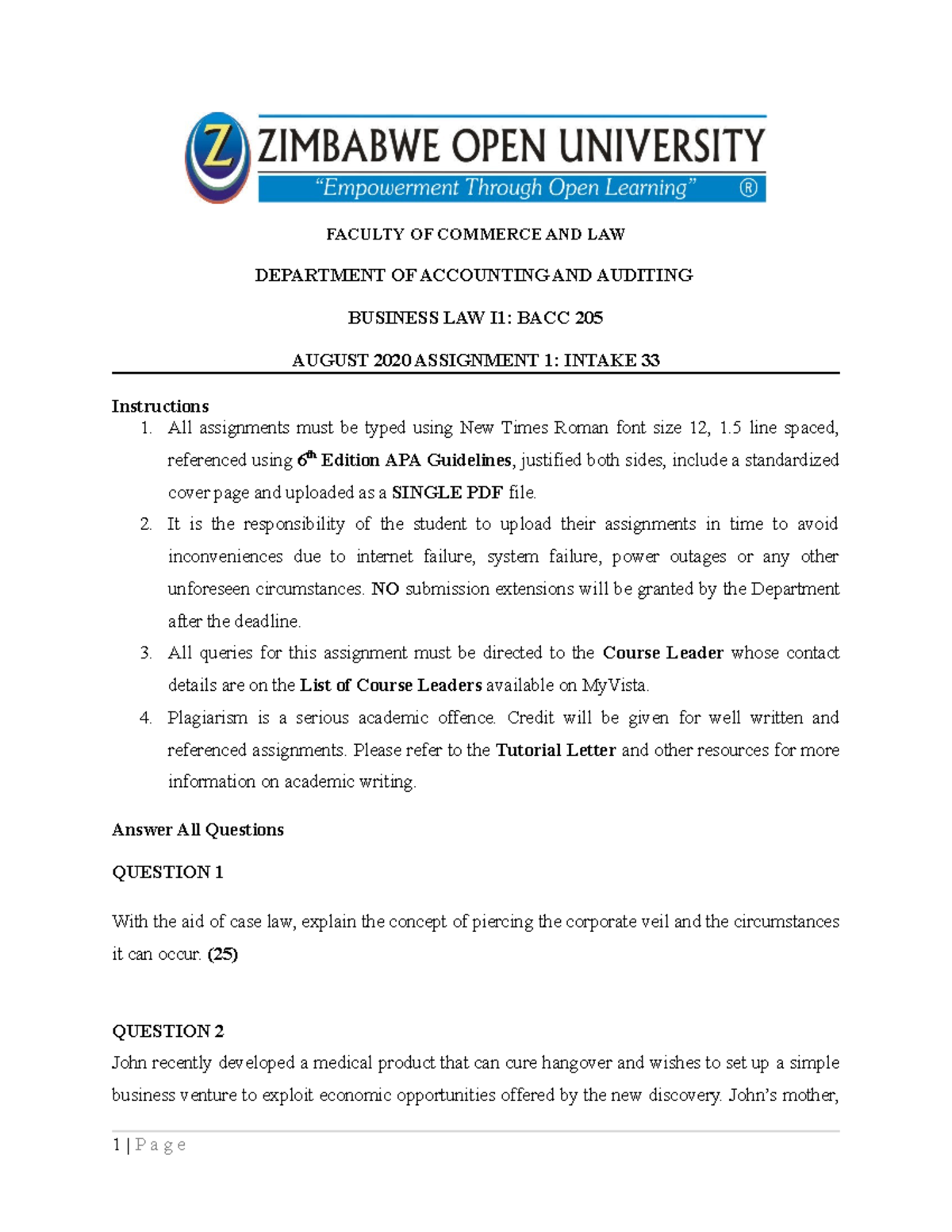 Assignment Questions - FACULTY OF COMMERCE AND LAW DEPARTMENT OF ...