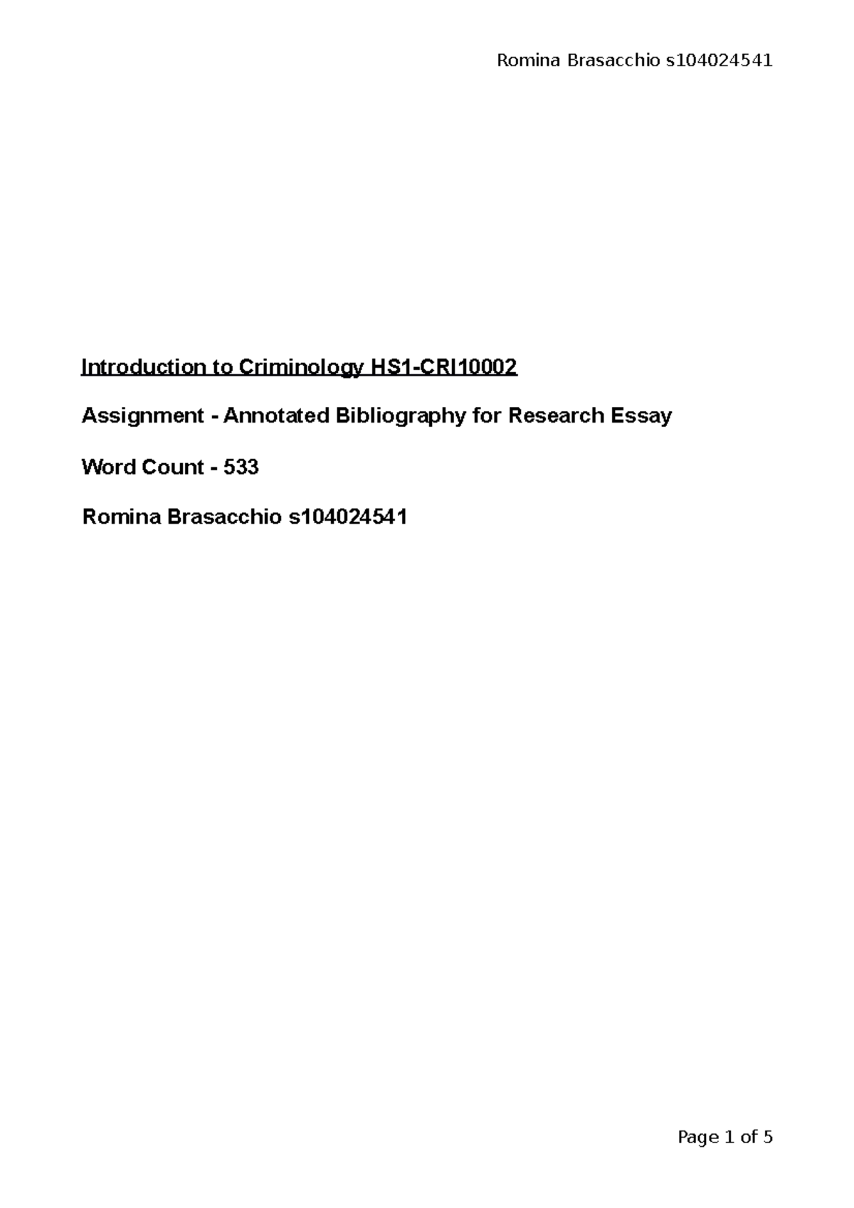 Annotated Bibliography Introduction to Criminology Romina Brasacchio ...
