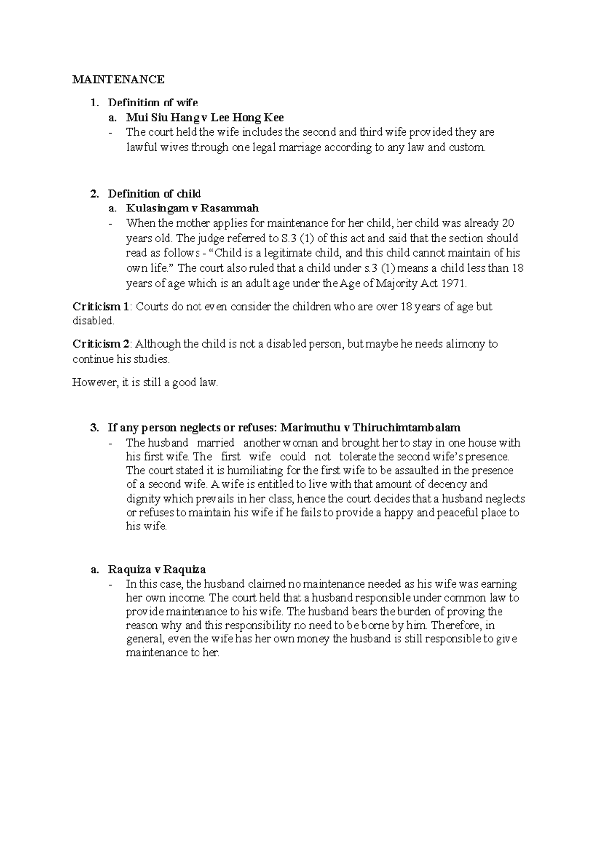 Maintenance case note - hope it helps - Family Law - Studocu