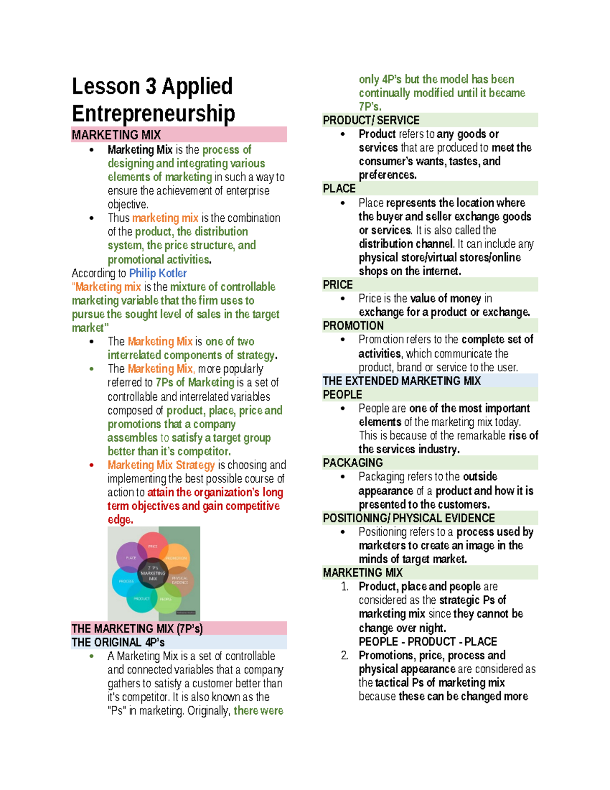 Lesson 3 Entrep - Lesson 3 Applied Entrepreneurship MARKETING MIX ...