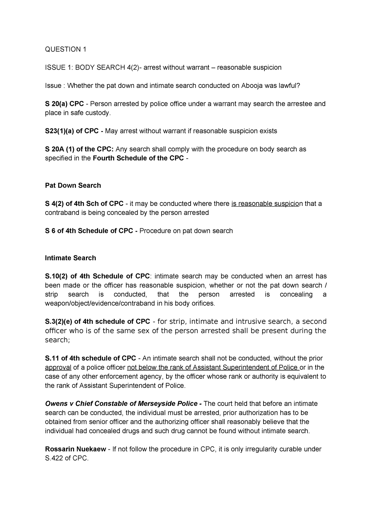 CPC T5 (Search) - QUESTION 1 ISSUE 1: BODY SEARCH 4(2)- arrest without ...