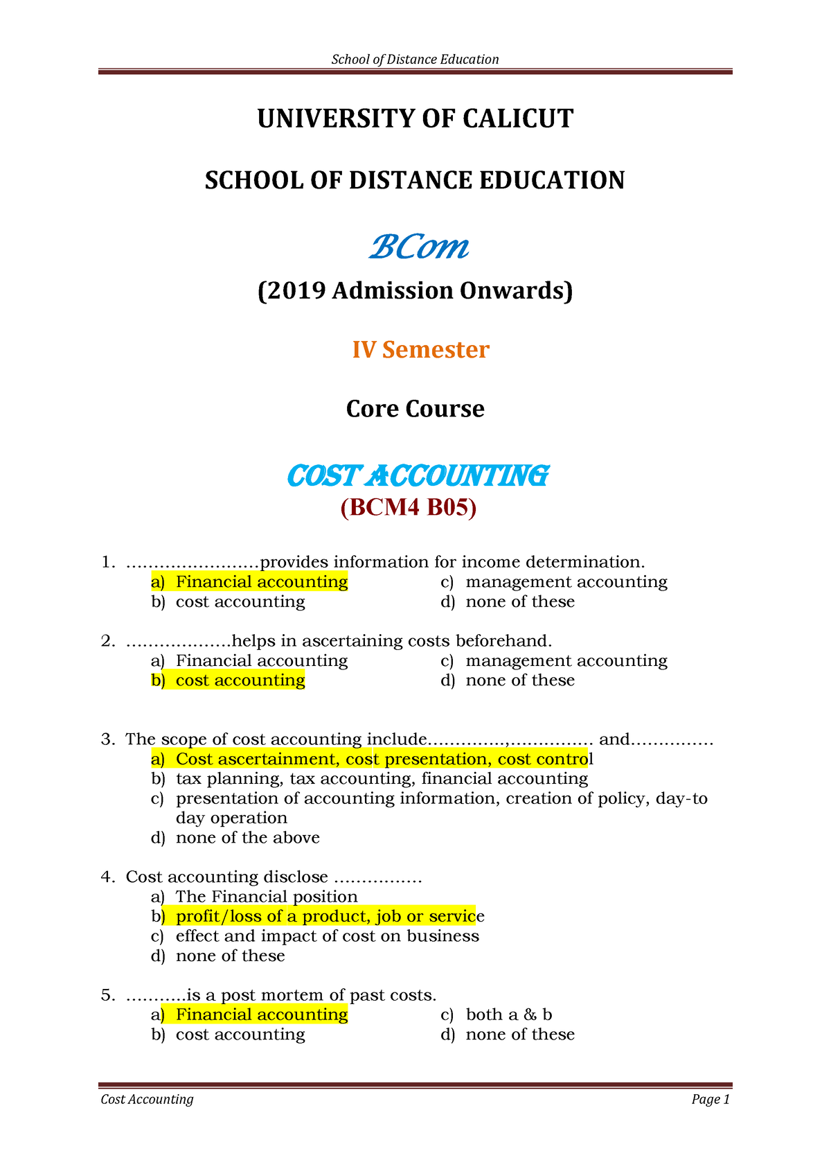 MCQ- COST Accounting - UNIVERSITY OF CALICUT SCHOOL OF DISTANCE ...