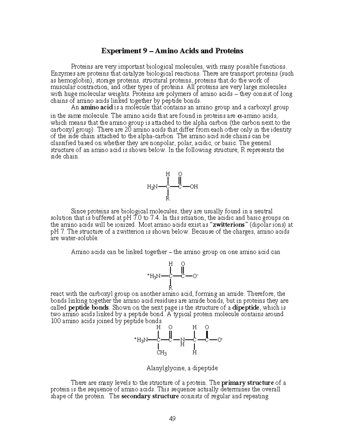 9 Amino Acids and Proteins Experiment 9 Amino Acids and Proteins