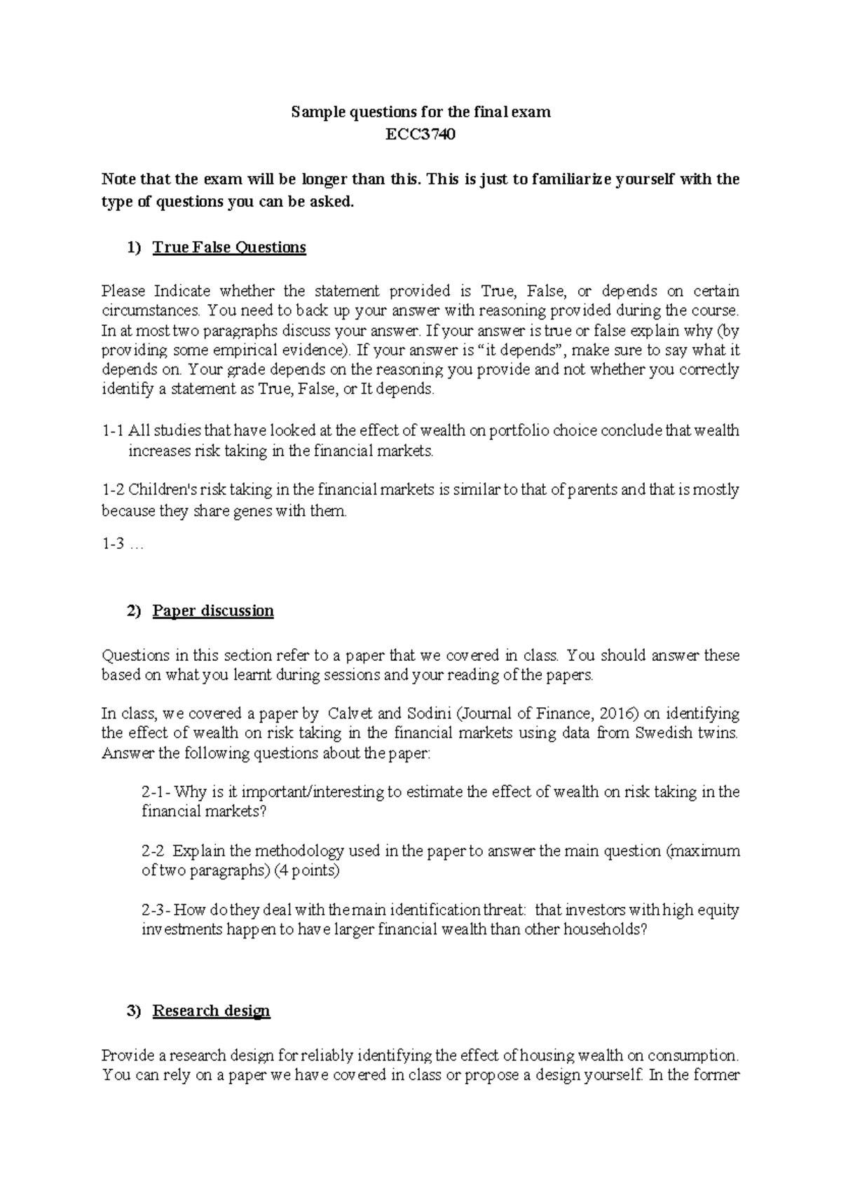 Sample questions for the final exam - Sample questions for the final ...