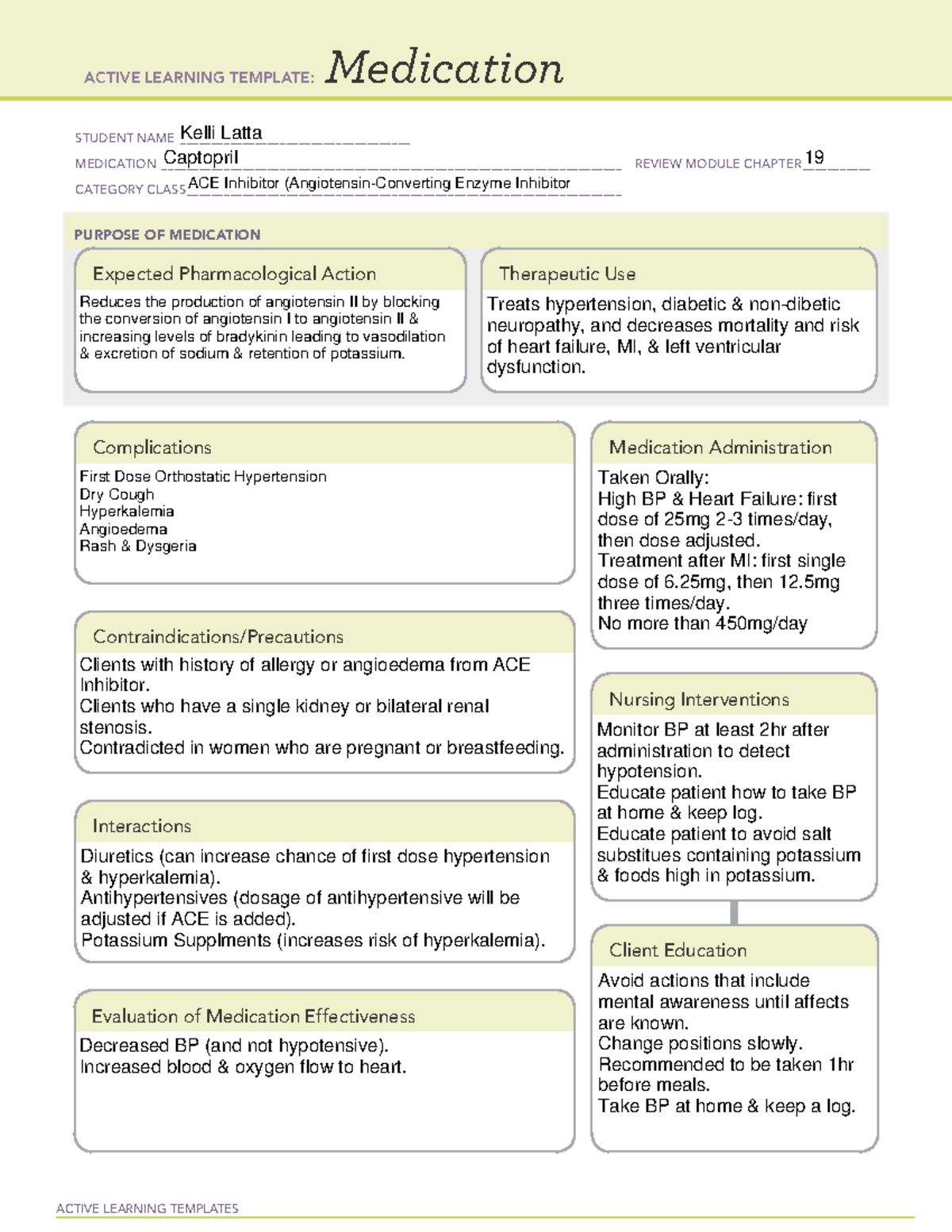 ACE Drug Card - ace inhibitors - ACTIVE LEARNING TEMPLATES Medication ...