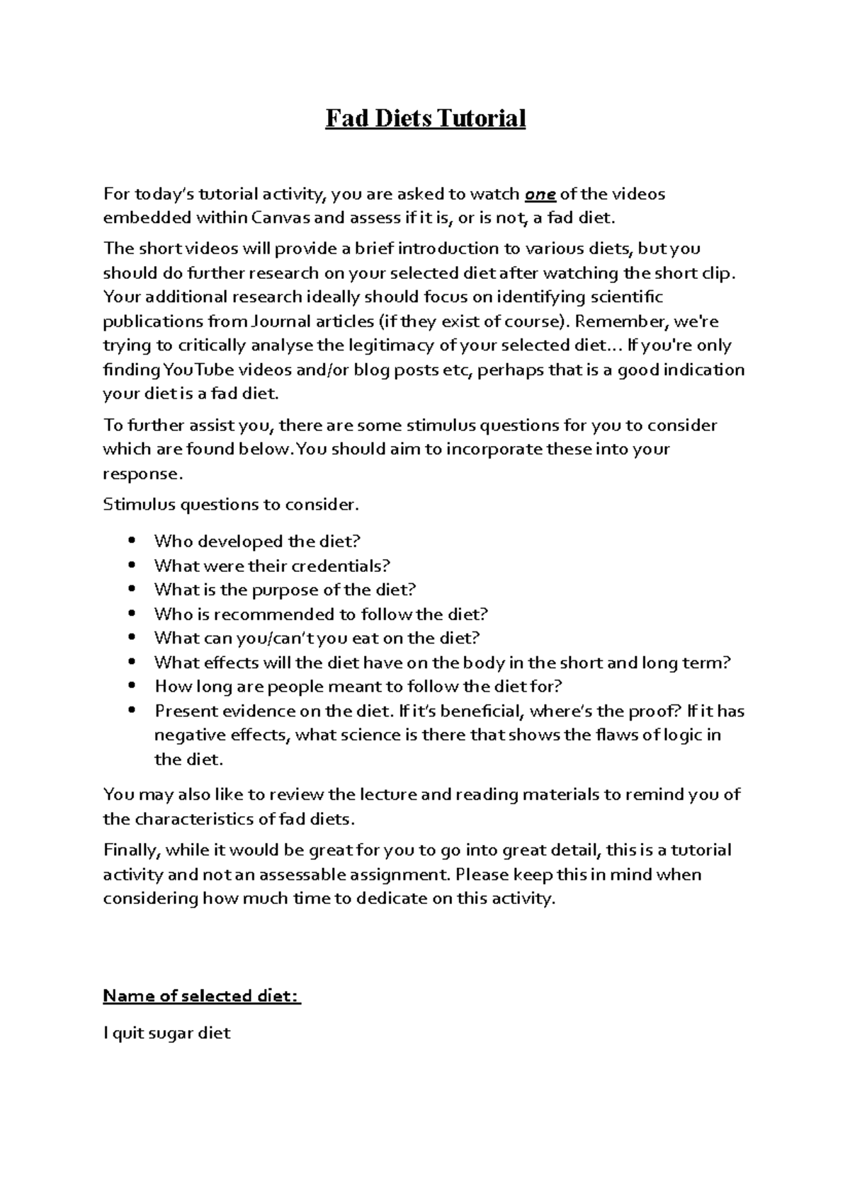 Fad diets Worksheet1 Fad Diets Tutorial For today’s tutorial
