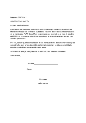 Modelo de Carta de cancelación para Smart Fit - Bogota – 28/03/ SMART FIT  SAN MARTÍN A quién pueda - Studocu