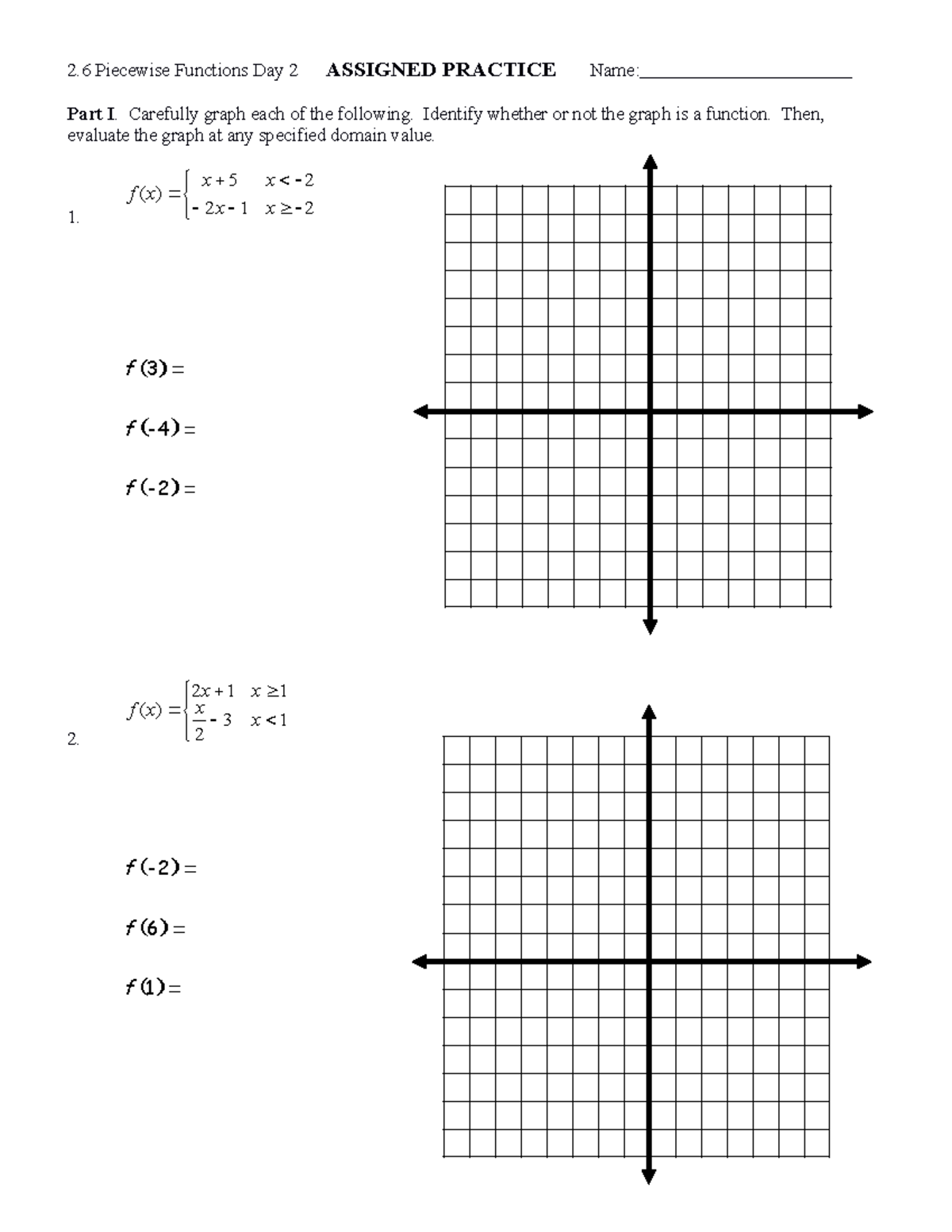 2.6 Graphing Piecewise Functions day 2 Assignment - 2 Piecewise ...