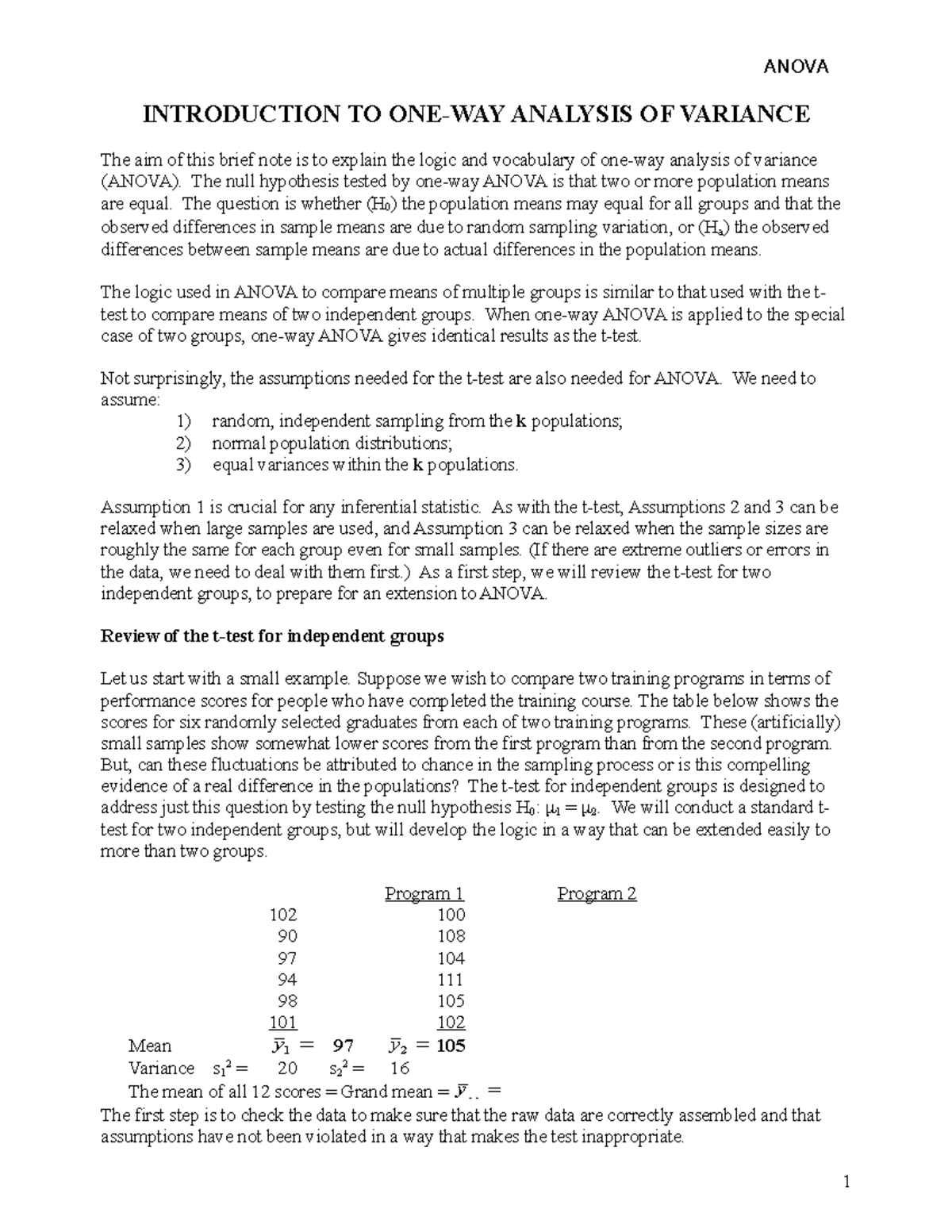 Unit 5 Reading 1 - Lecture notes 5 - INTRODUCTION TO ONE-WAY ANALYSIS ...