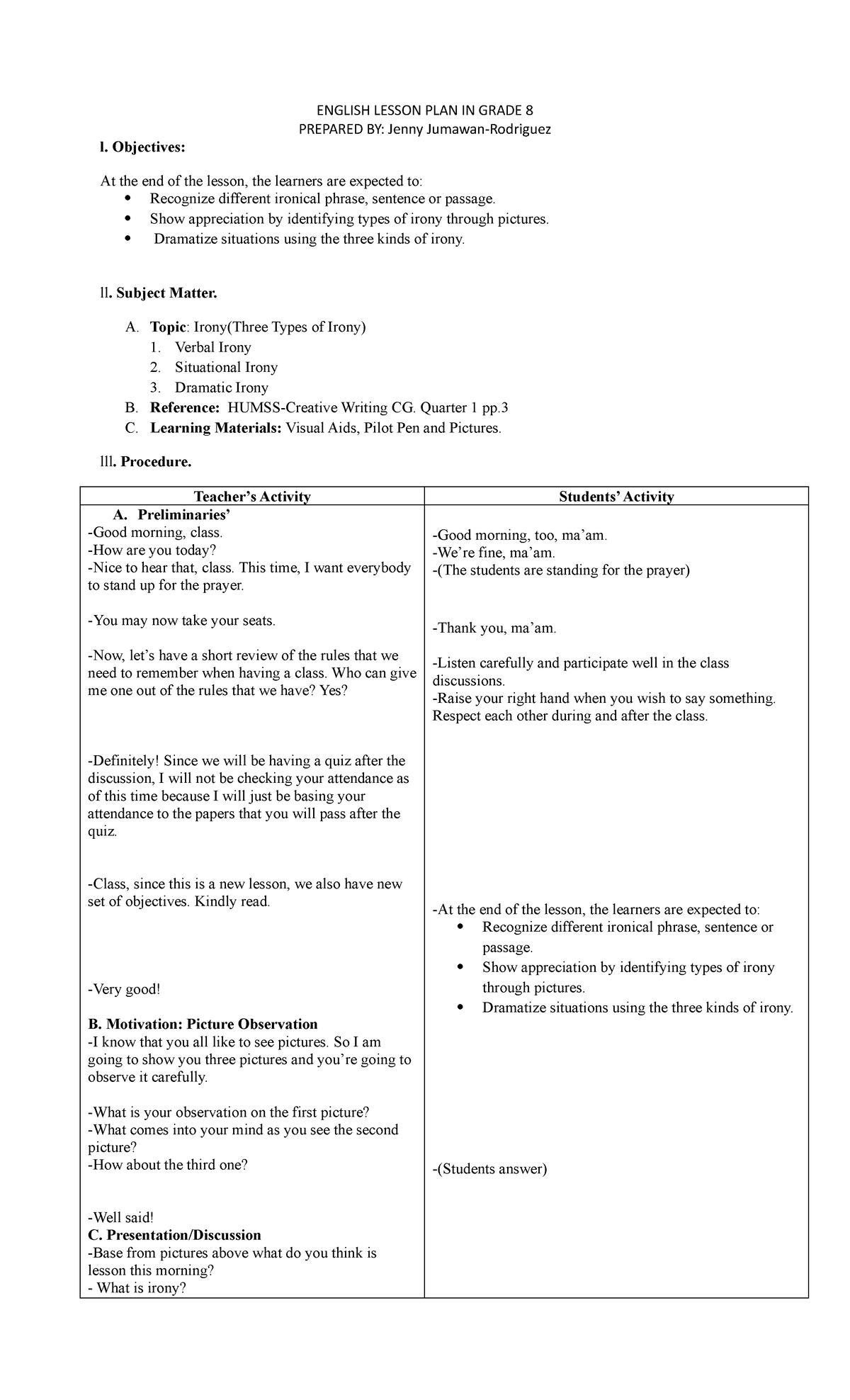 Irony demo - lesson plan - ENGLISH LESSON PLAN IN GRADE 8 PREPARED BY ...