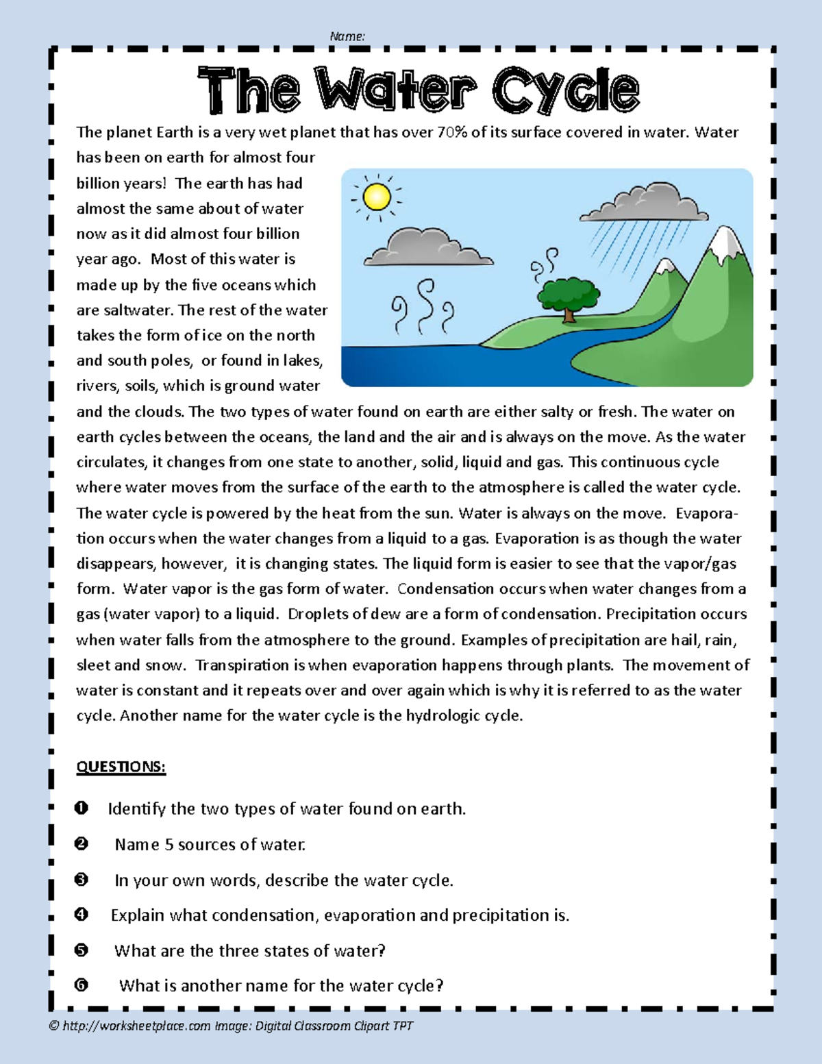 Water cycle comprehension activity - Name: © hƩp:worksheetplace Image ...