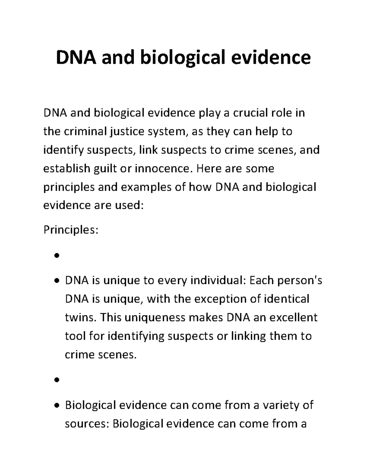 DNA And Biological Evidence Pafrt 1 - DNA And Biological Evidence DNA ...