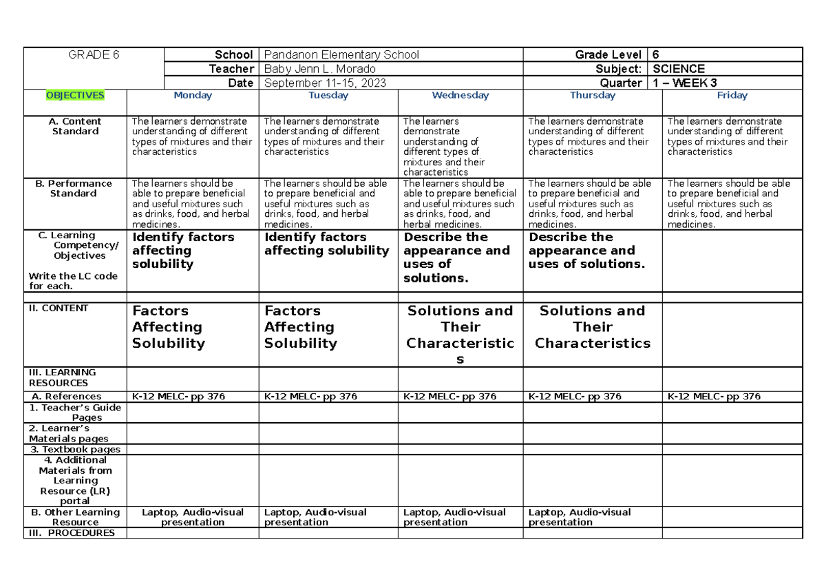 WEEK3dll Science Daily Lesson Log GRADE 6 School Pandanon