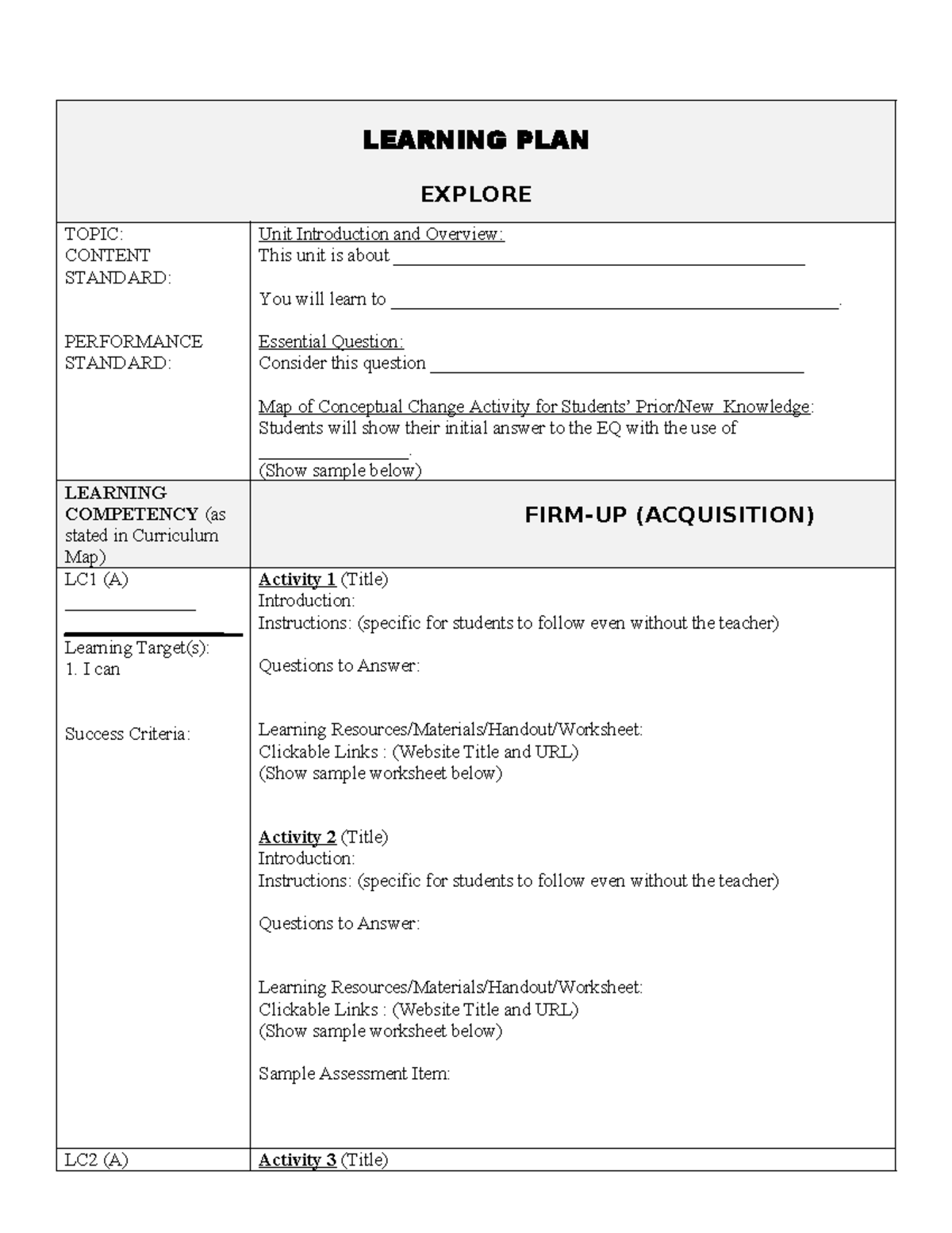 Learning-PLAN- Template - LEARNING PLAN EXPLORE TOPIC: CONTENT STANDARD ...
