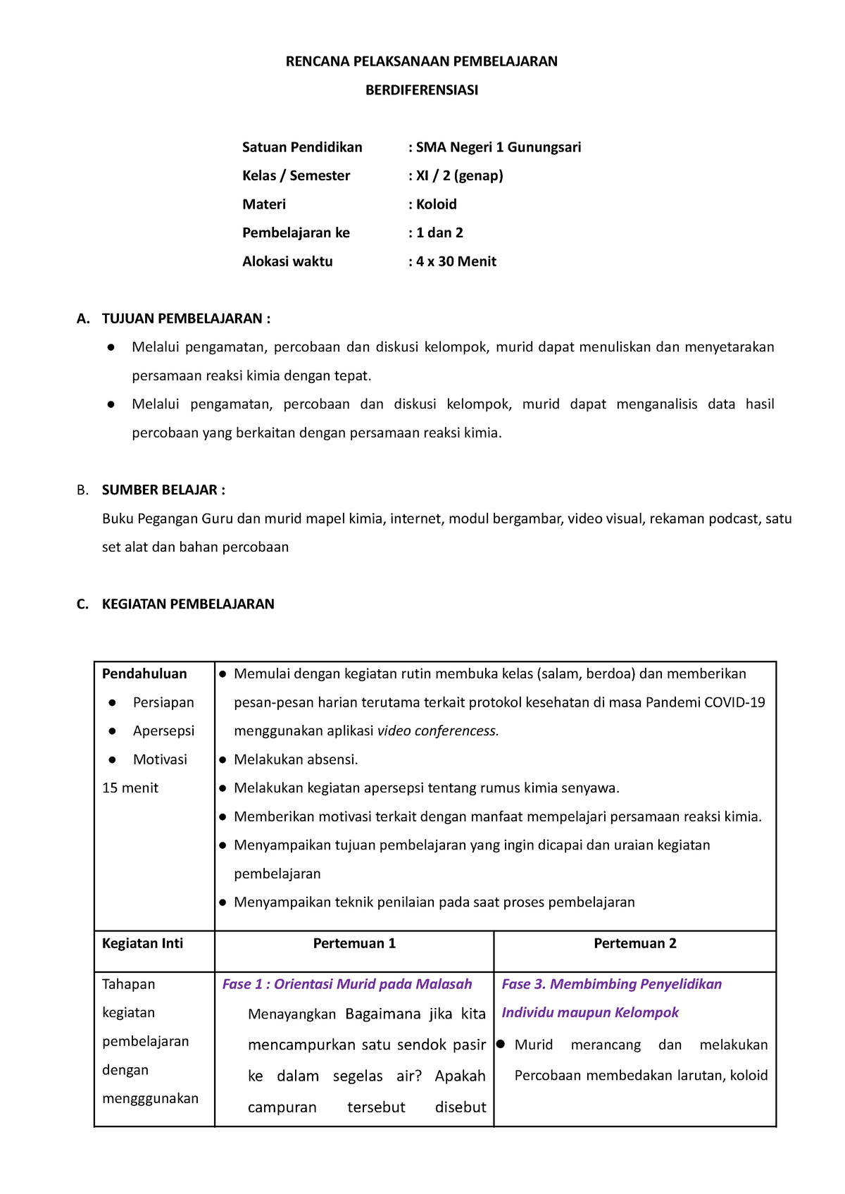 RPP Berdiferensiasi Koloid - RENCANA PELAKSANAAN PEMBELAJARAN ...