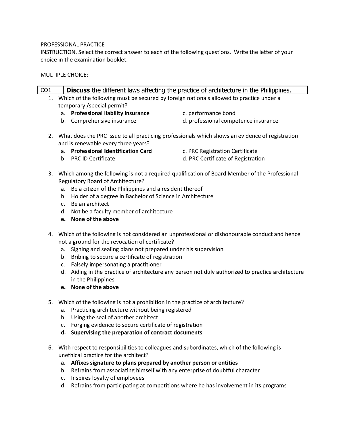 Profprac exit exam ot 2018 - PROFESSIONAL PRACTICE INSTRUCTION. Select ...