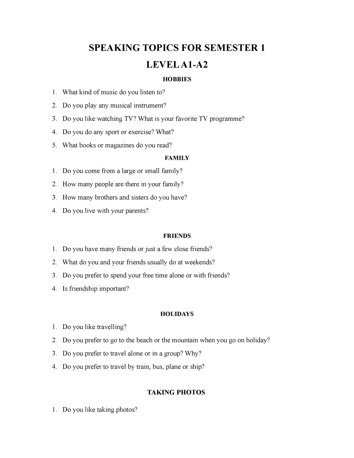 A1-A2 Speaking Topics FOR Semester 1 - SPEAKING TOPICS FOR SEMESTER 1 ...