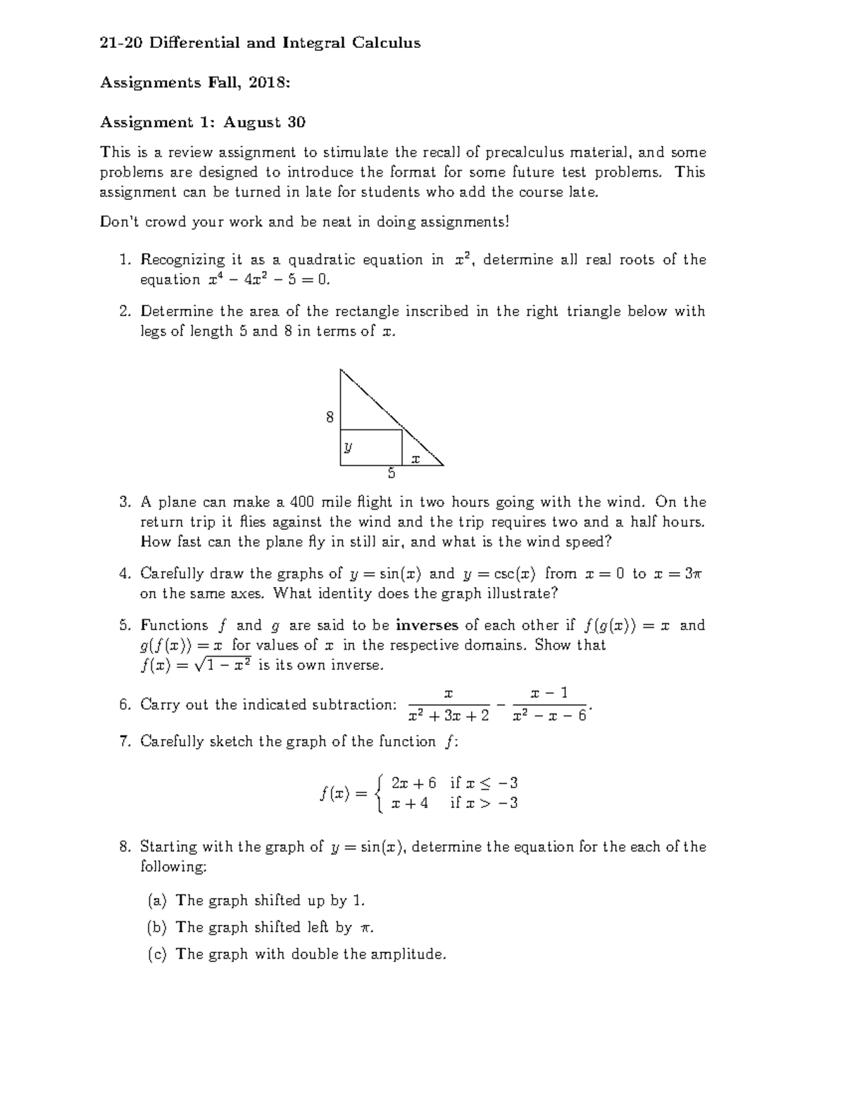 Asgn1to4 problem set 2120 Differential and Integral Calculus Assignments Fall, 2018