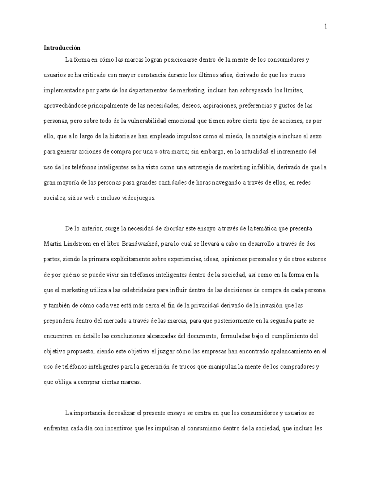 Ensayo El Lavado de Cerebro de las Marcas Introducción La forma en