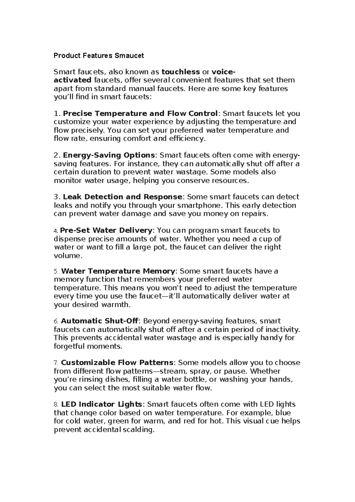 Product Features Smaucet Product Features Smaucet Smart faucets, also