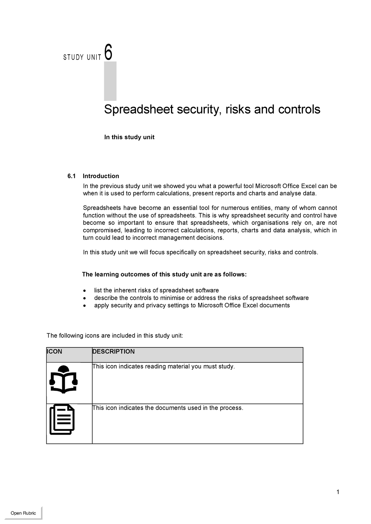 Learning Unit 6 - Notes - S T U D Y U N I T 6 Spreadsheet Security ...