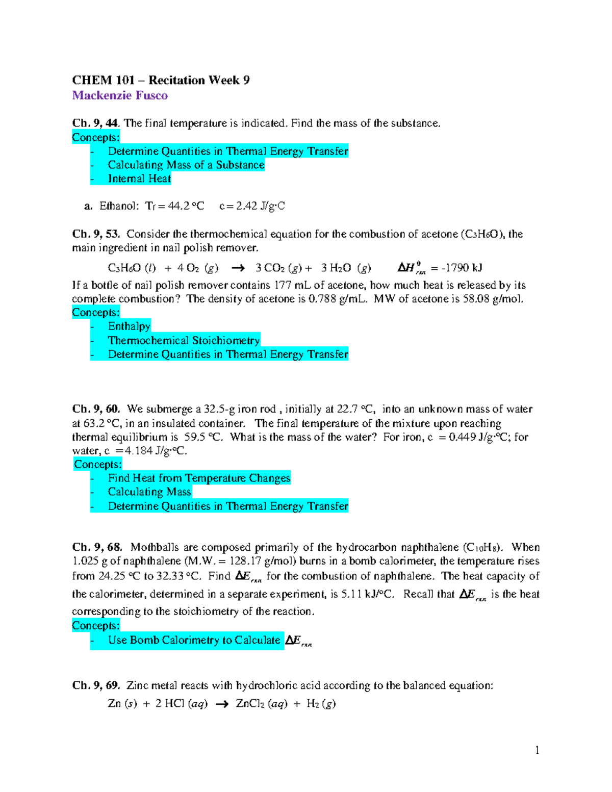 Week 9 Pre Recitation - 1 CHEM 101 – Recitation Week 9 Mackenzie Fusco ...