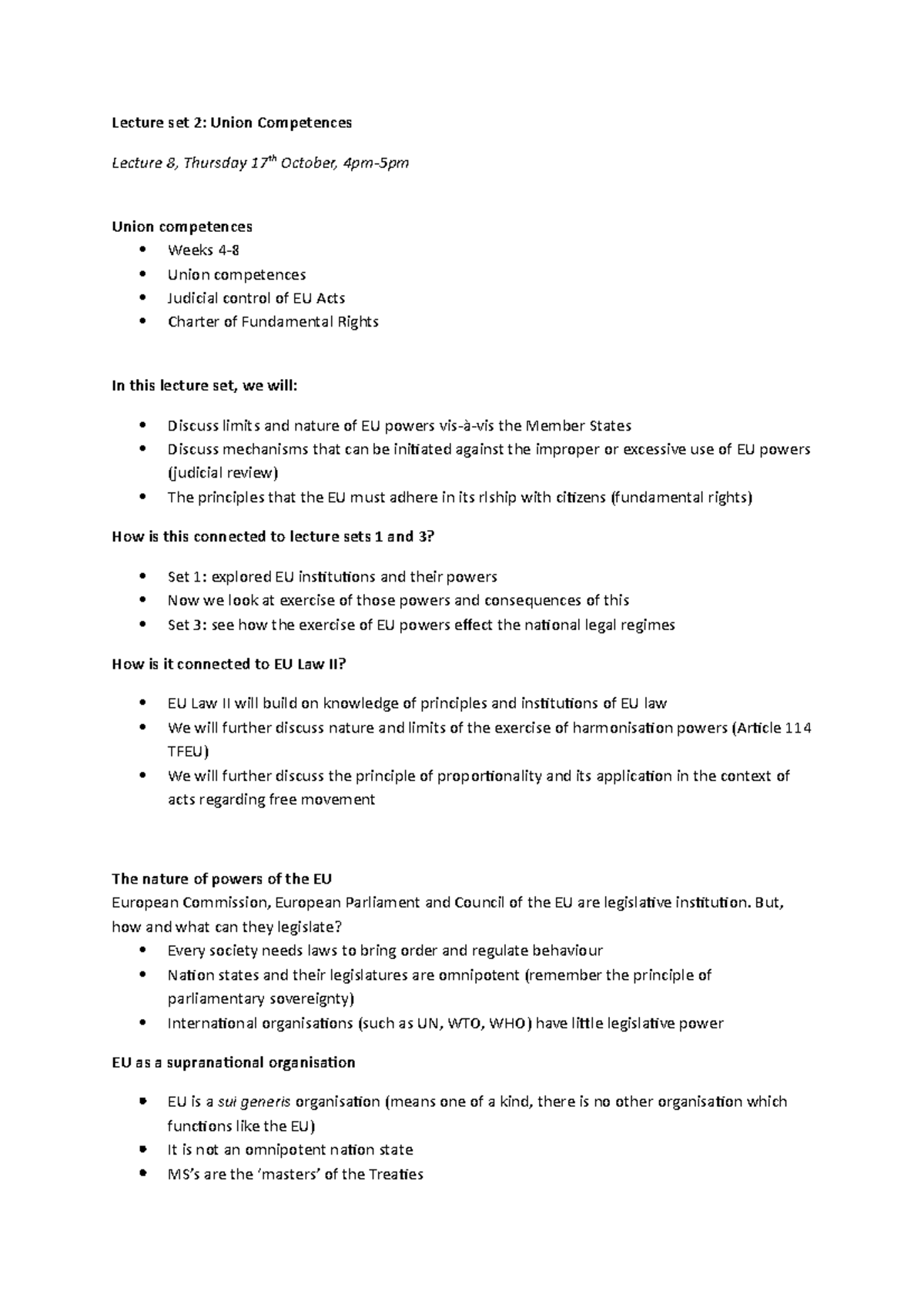 Eu Law 1 Week 4 Lecture 8 - Lecture Set 2: Union Competences Lecture 8 