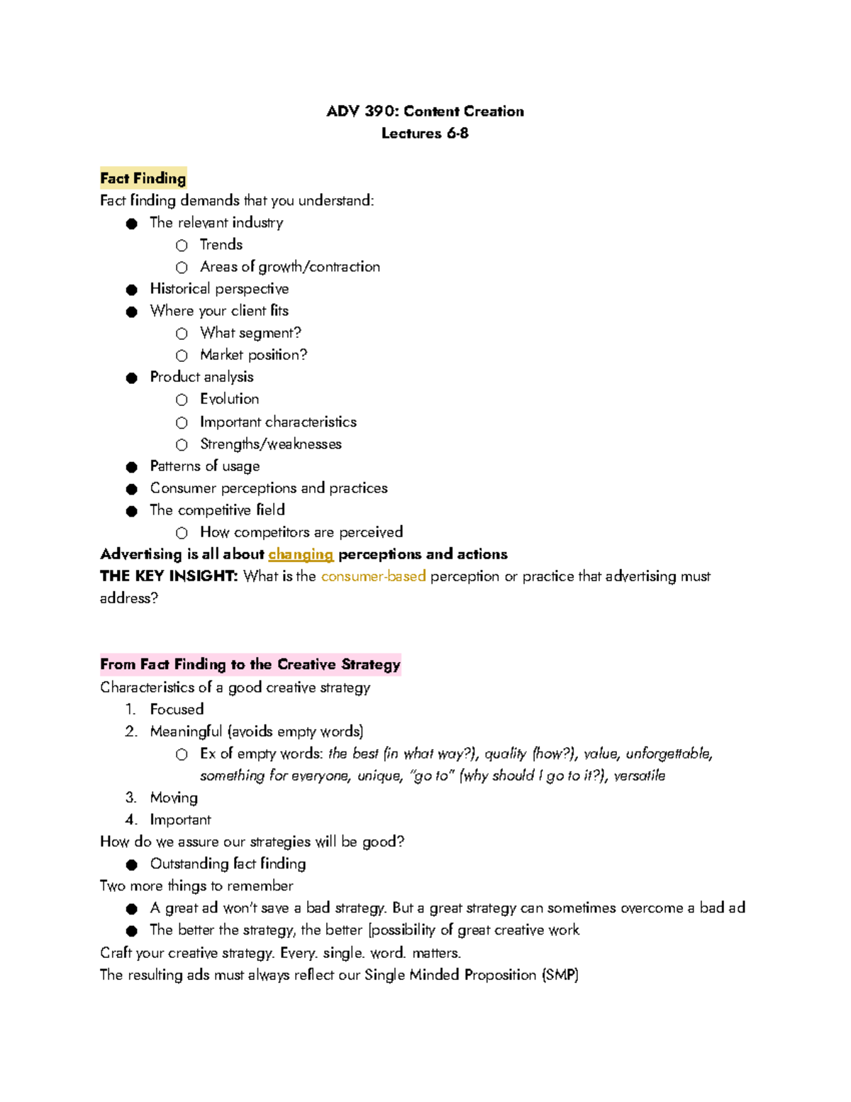 ADV390: Lectures 6-8 - ADV 390: Content Creation Lectures 6- Fact ...
