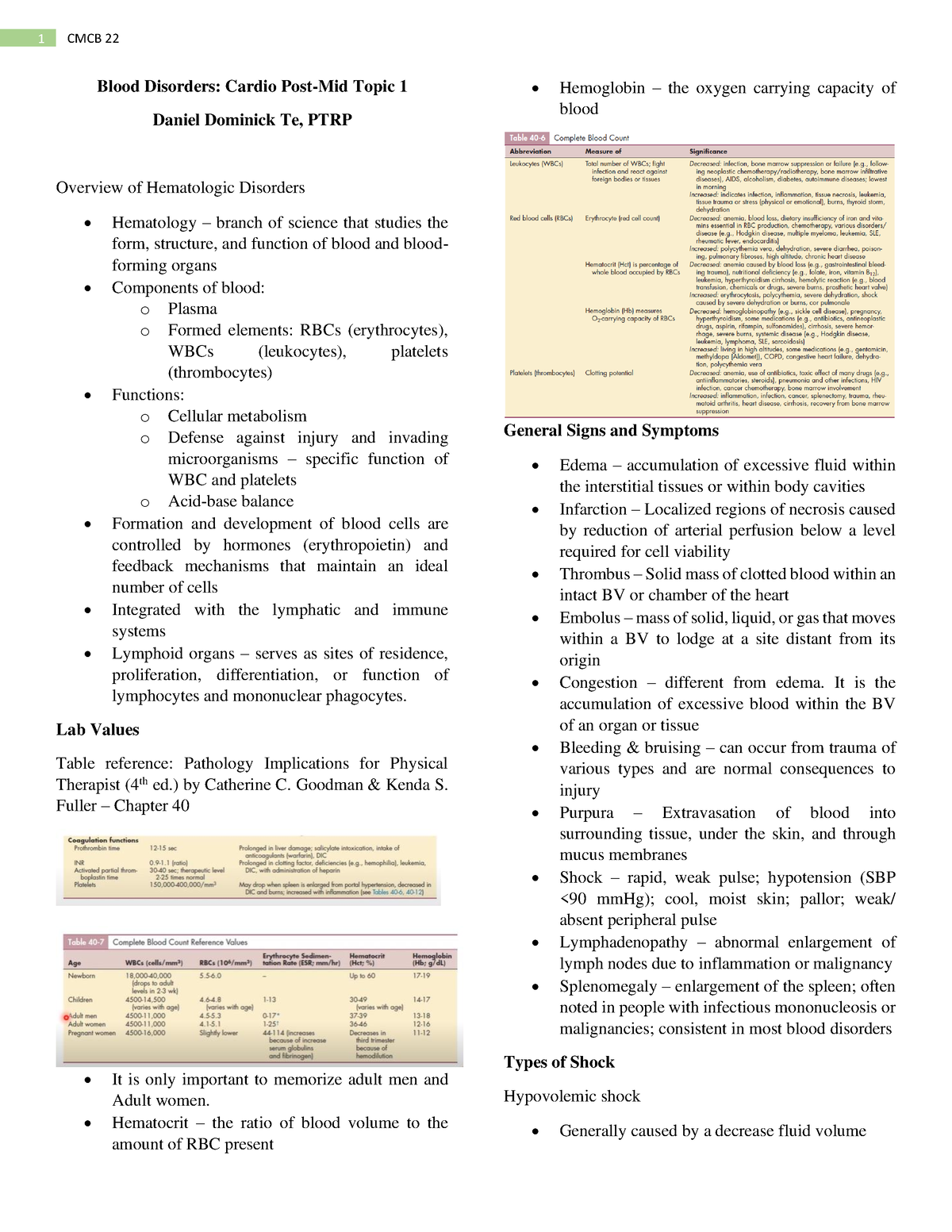 Cardio-merge - cardiopulmo - 1 CMCB 22 Blood Disorders: Cardio Post-Mid ...