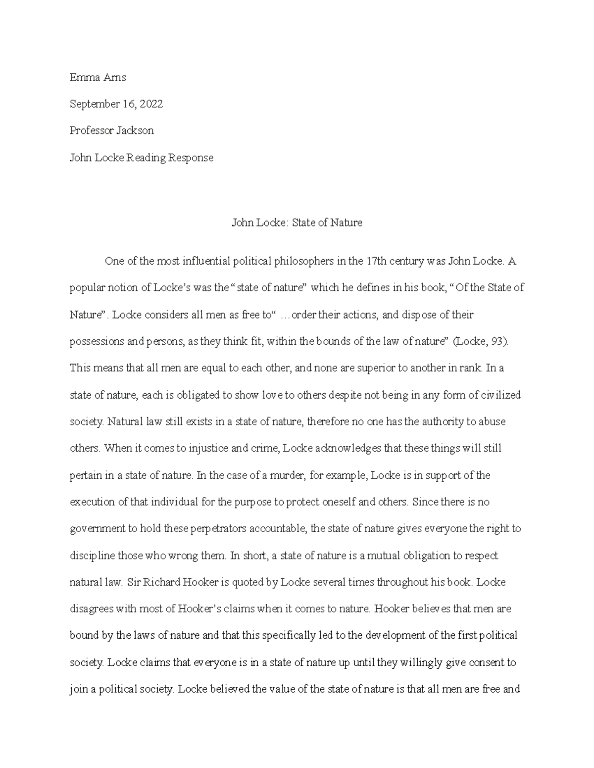 History John Locke State of Nature Reading Response Emma Arns