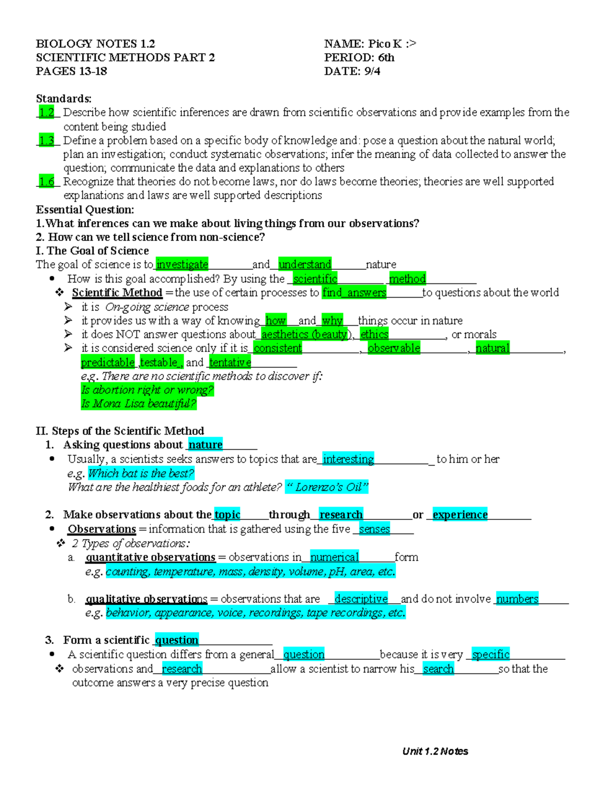 Biologynotes - UNIT 1 PART 2 yesh - BIOLOGY NOTES 1 NAME: Pico K ...