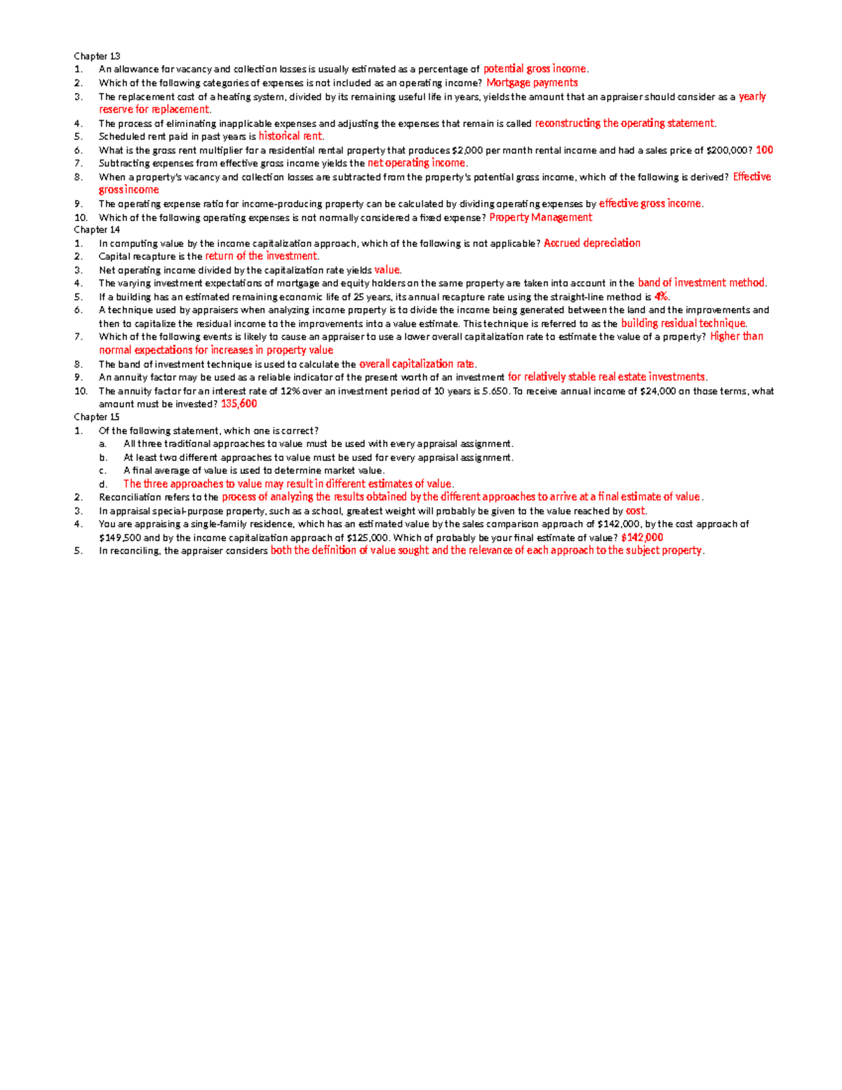 FI 432 Final Cheat Sheet - Chapter 13 An allowance for vacancy and ...