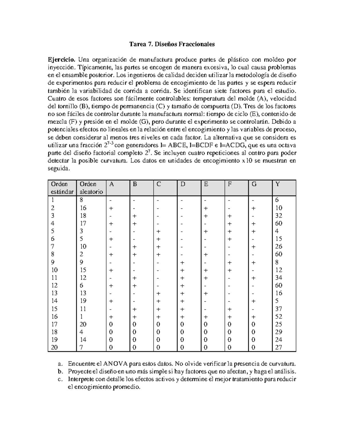 Tarea 7. Diseños Fraccionales - Tarea 7. Diseños Fraccionales Ejercicio ...