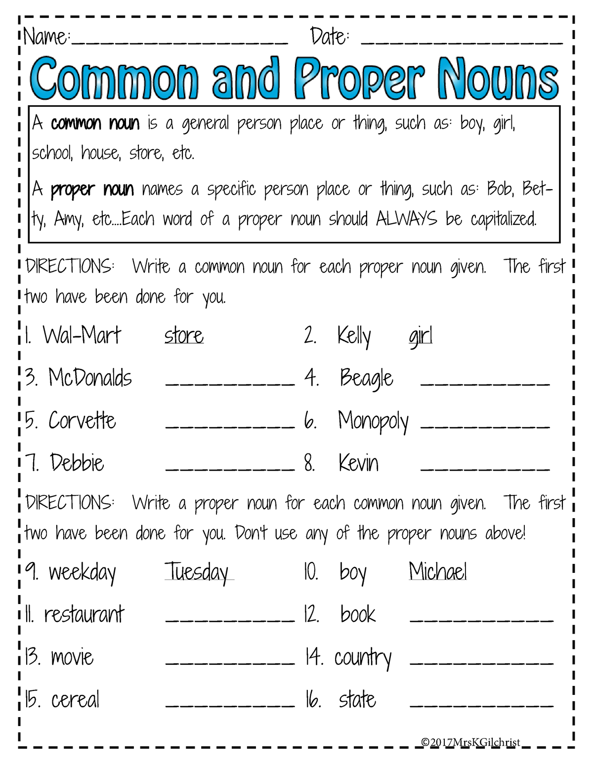 Common and Proper Nouns Worksheet Activity Page1 Name