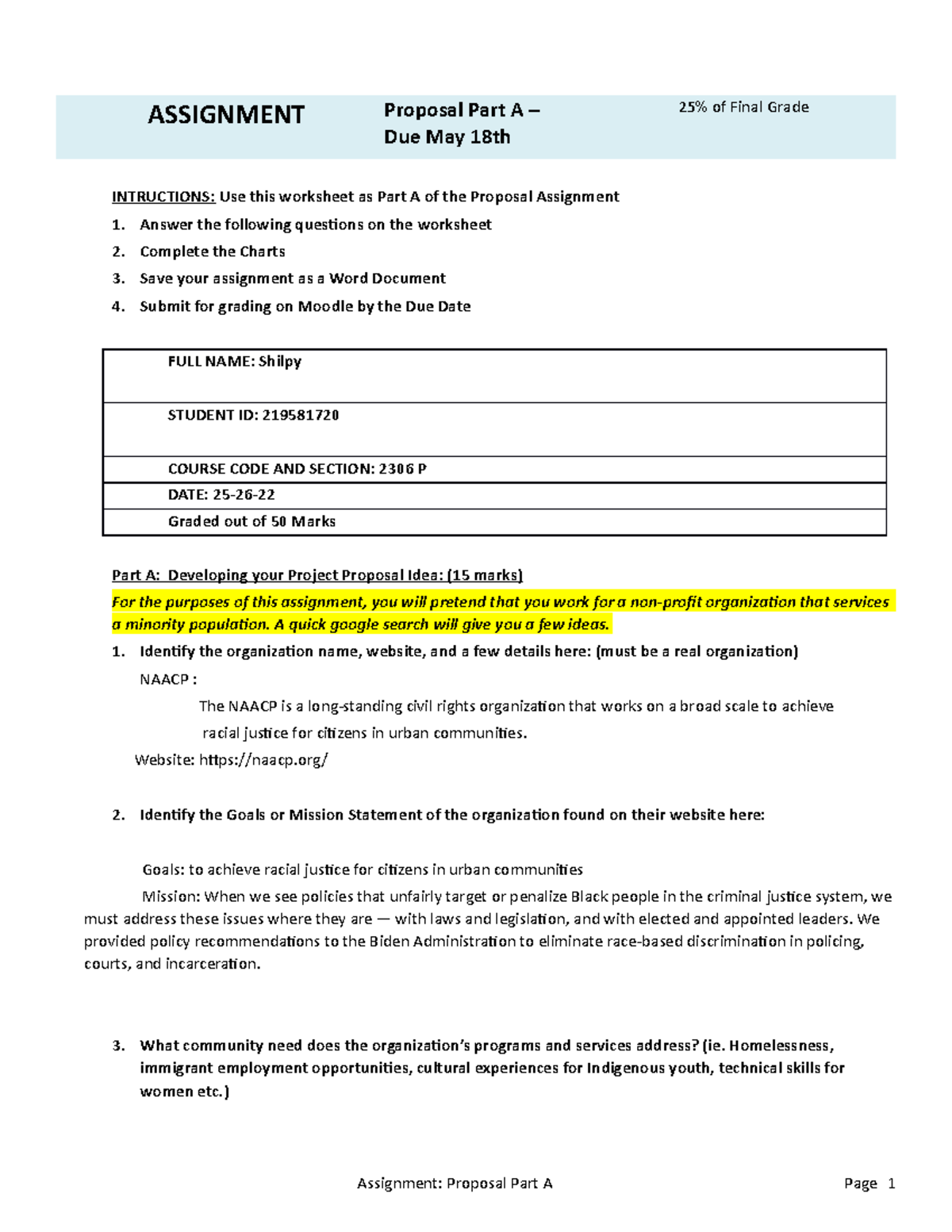 Proposal Part A - Worksheet.docx shilpy - ASSIGNMENT Proposal Part A ...