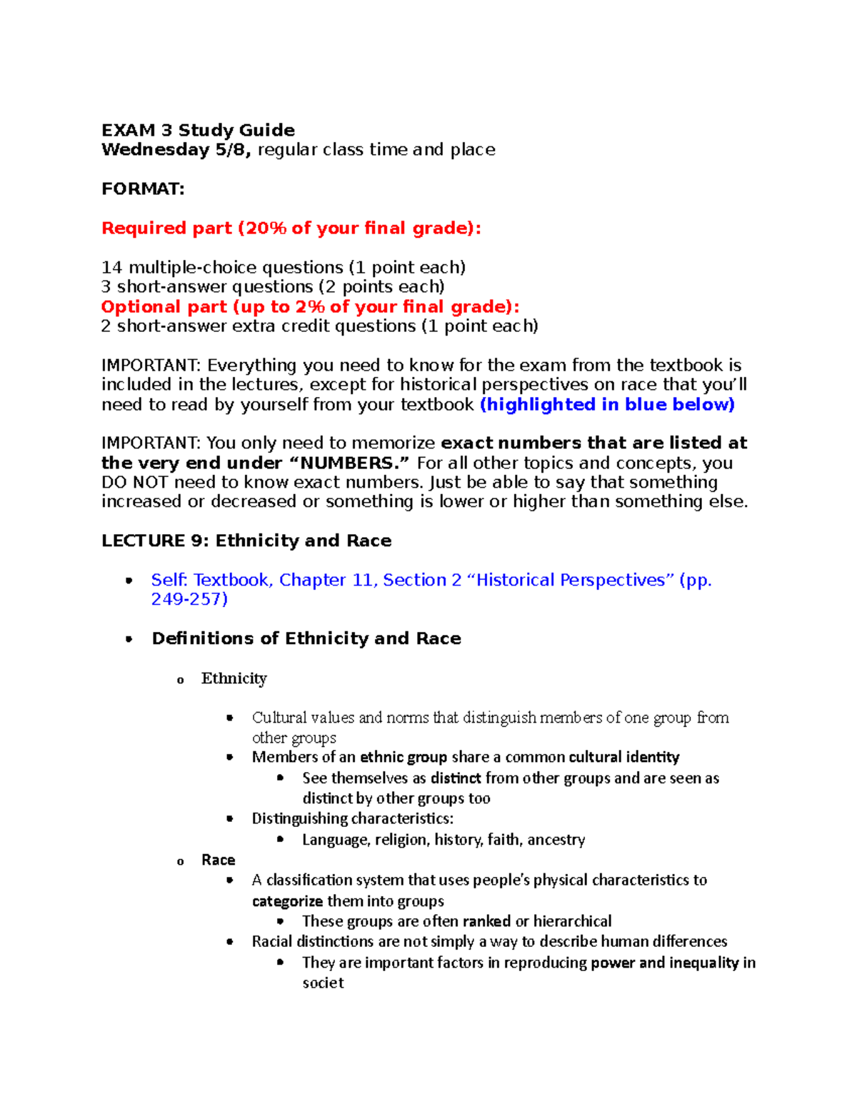 EXAM 3 Study Guide Sociology - EXAM 3 Study Guide Wednesday 5/8 ...