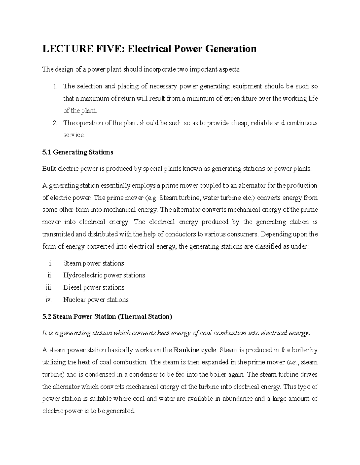 Lecture 5 Electrical Power Generation Mech - Lecture Five: Electrical 