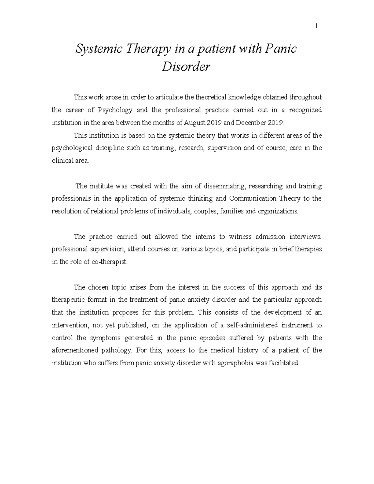 Systemic Therapy In A Patient With Panic Disorder 1 Systemic Therapy