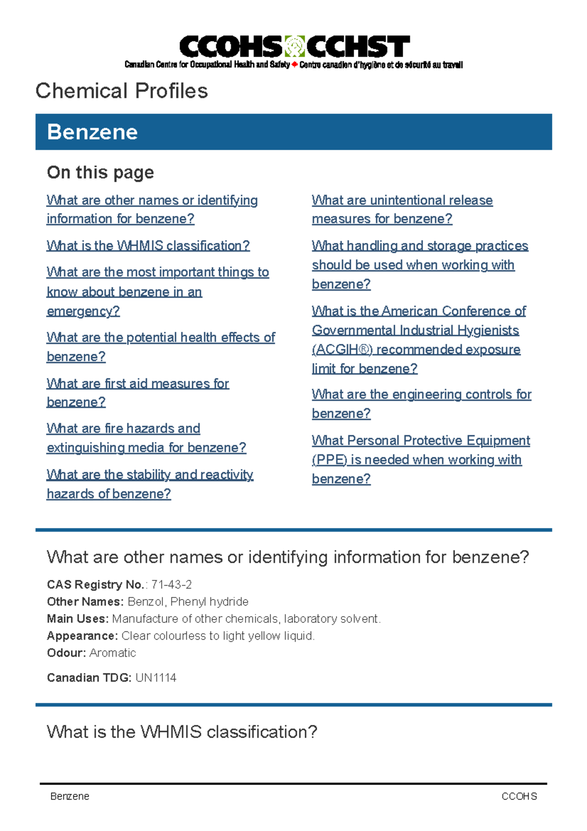 Benzene Chemical Profiles Benzene On this page What are other