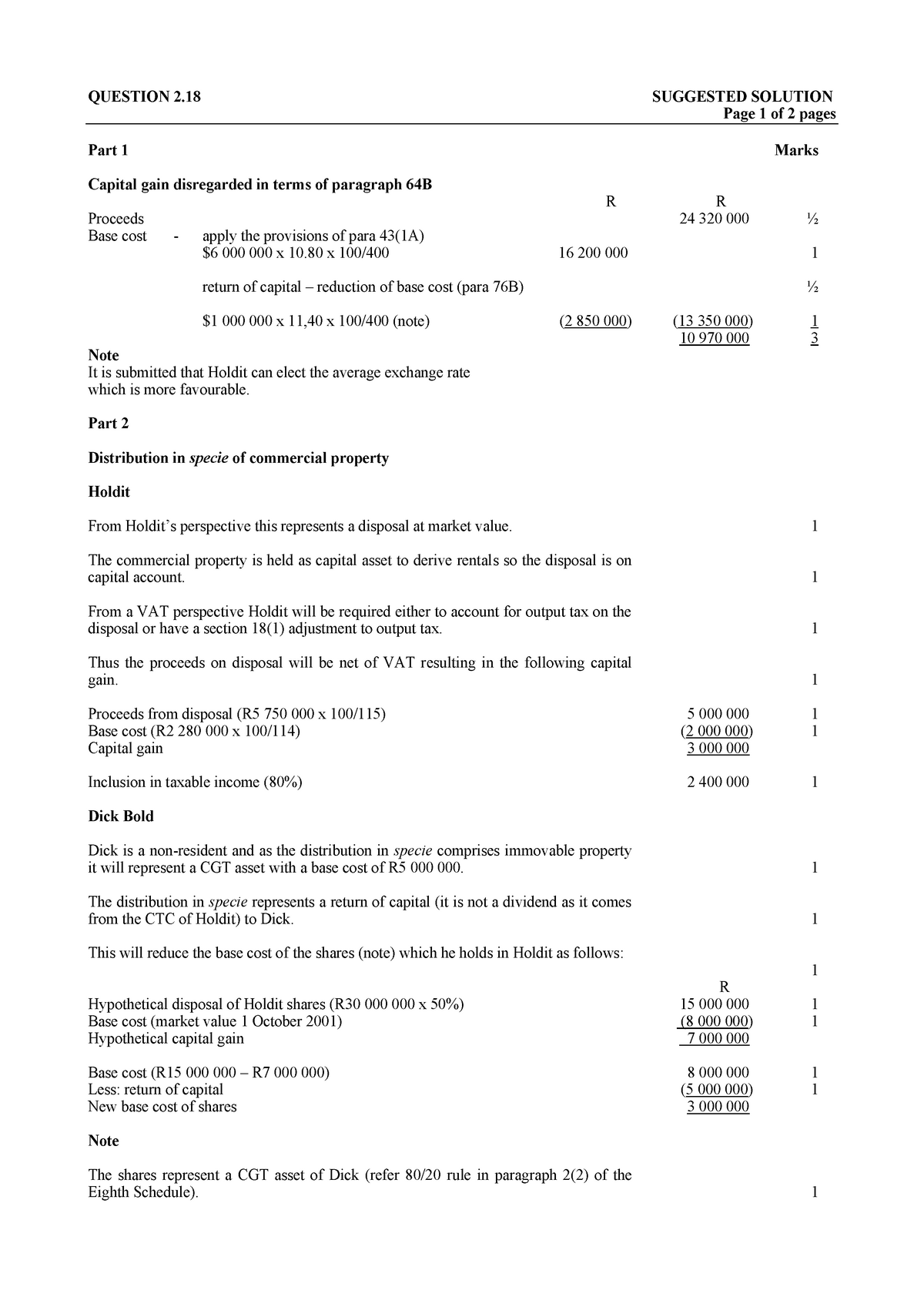 Capital Gains Tax - QUESTION 2 SUGGESTED SOLUTION Page 1 Of 2 Pages ...